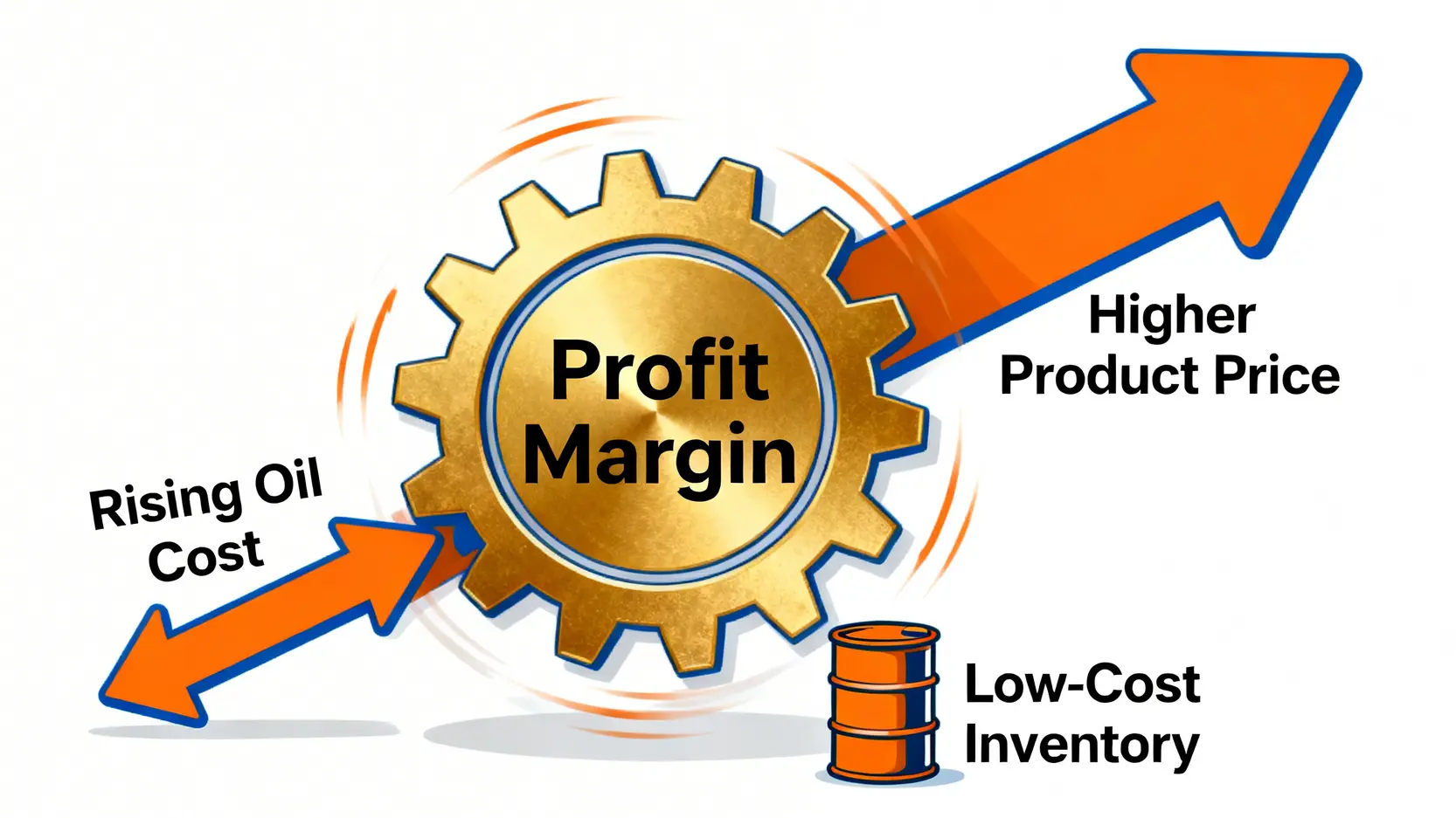 圖解說明油價上漲時，塑化股因成本轉嫁與庫存價值而獲利的原理。