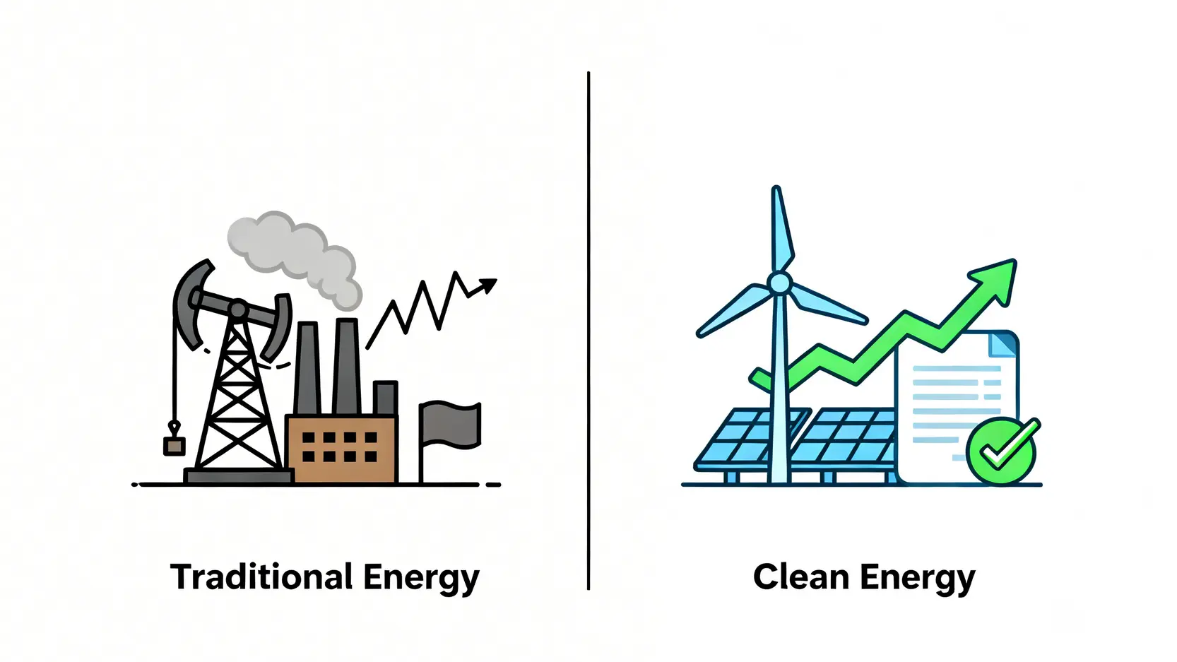 2026能源基金推薦:精選5檔全球能源基金,從績效到風險全解析 傳統能源與潔淨能源投資對比圖,左邊是石油與工廠,右邊是風車與太陽能板。