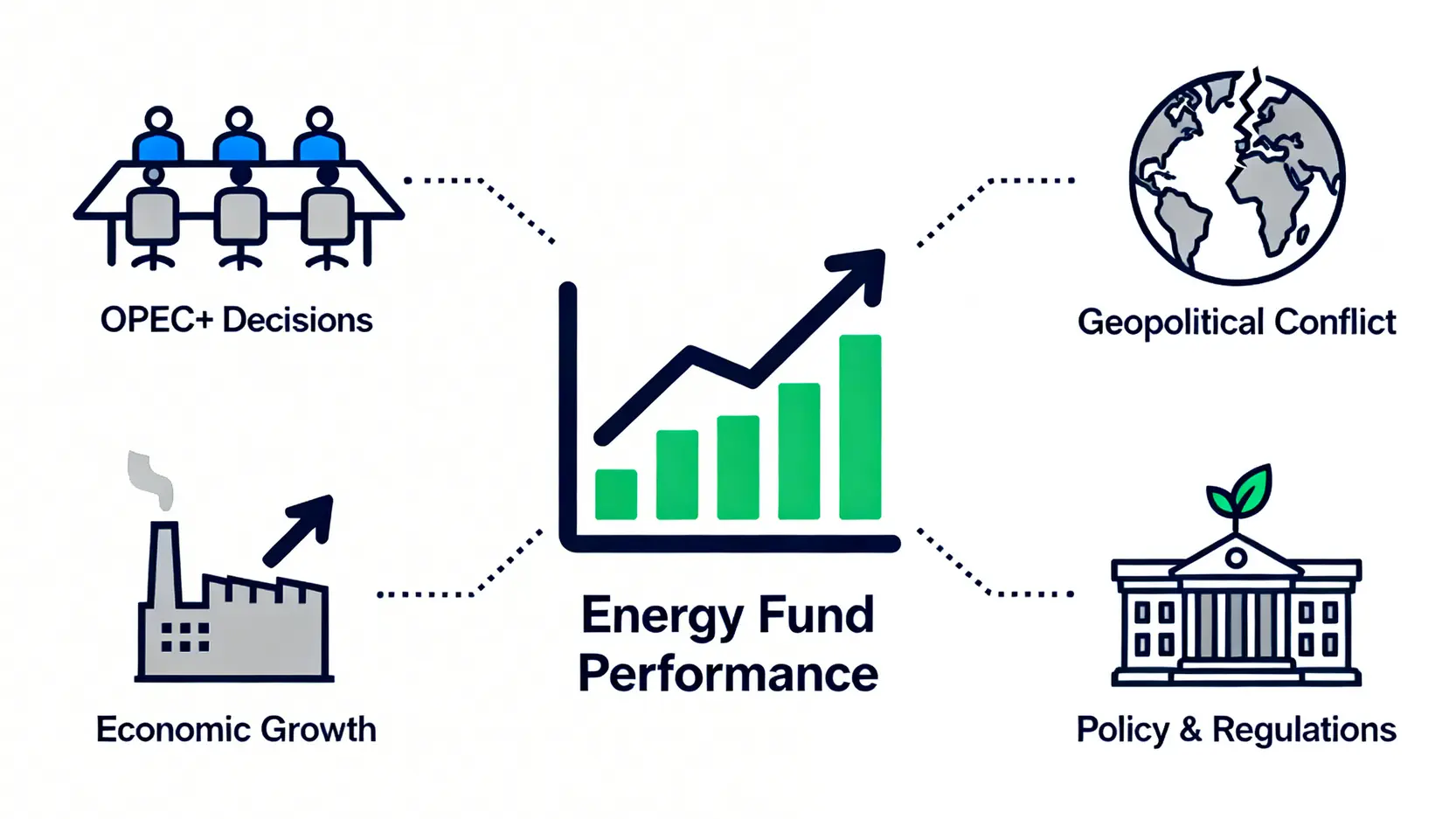 2026能源基金推薦:精選5檔全球能源基金,從績效到風險全解析 影響能源基金表現的四大因素示意圖:OPEC決策、地緣政治、經濟成長與政府政策。