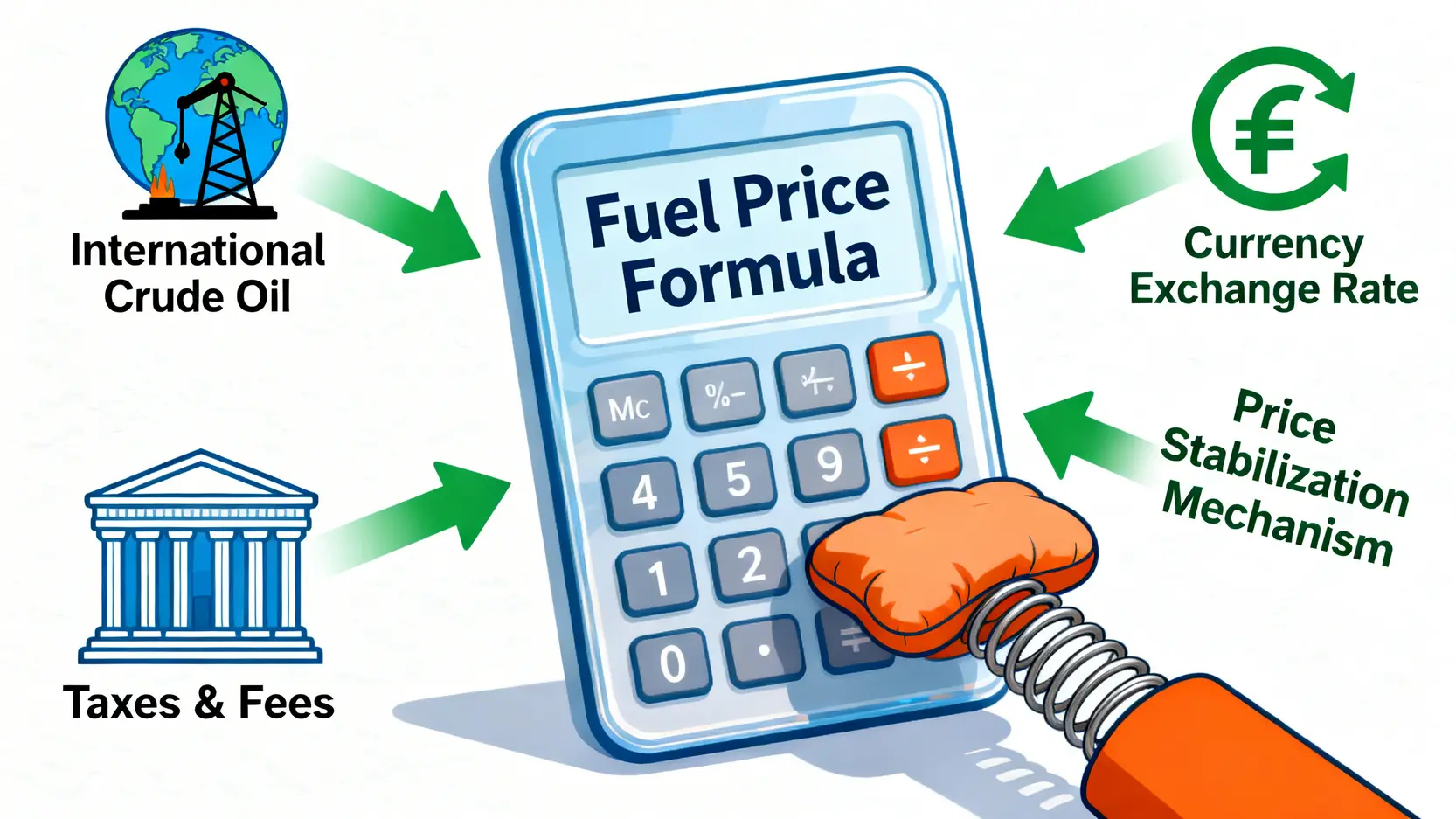 【今日油價查詢】下週油價預測全攻略:中油/台塑公告&省錢秘訣 影響當地油價的浮動油價機制四大因素示意圖,包含國際原油價格、匯率、稅負與平穩機制。