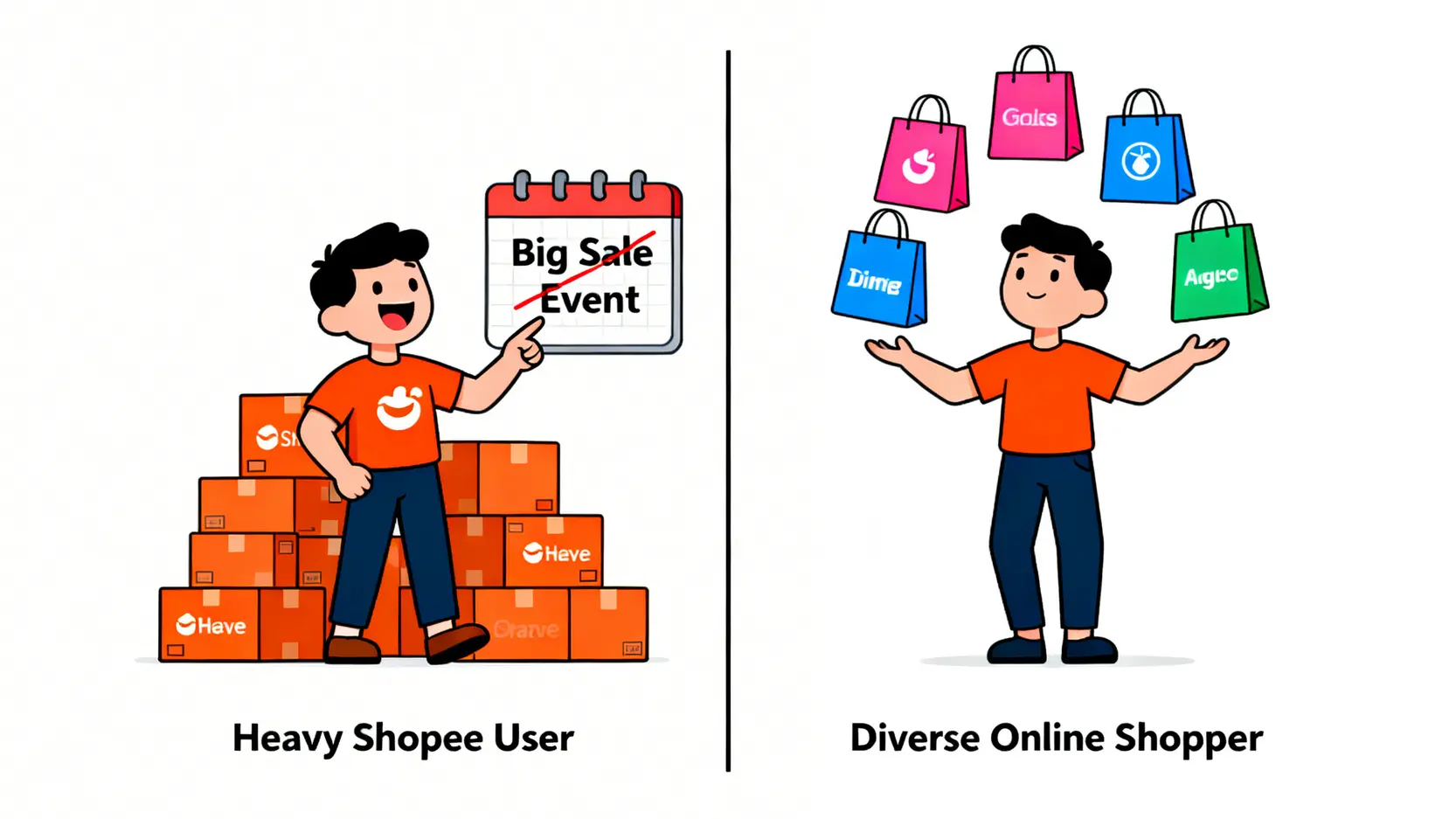 2026蝦皮信用卡推薦指南:5張神卡回饋排行,刷對卡省更多! 一張對比圖,左邊是蝦皮重度使用者被蝦皮購物箱包圍,右邊是多元網購族拿著來自不同電商的購物袋,展示兩種不同的消費習慣。