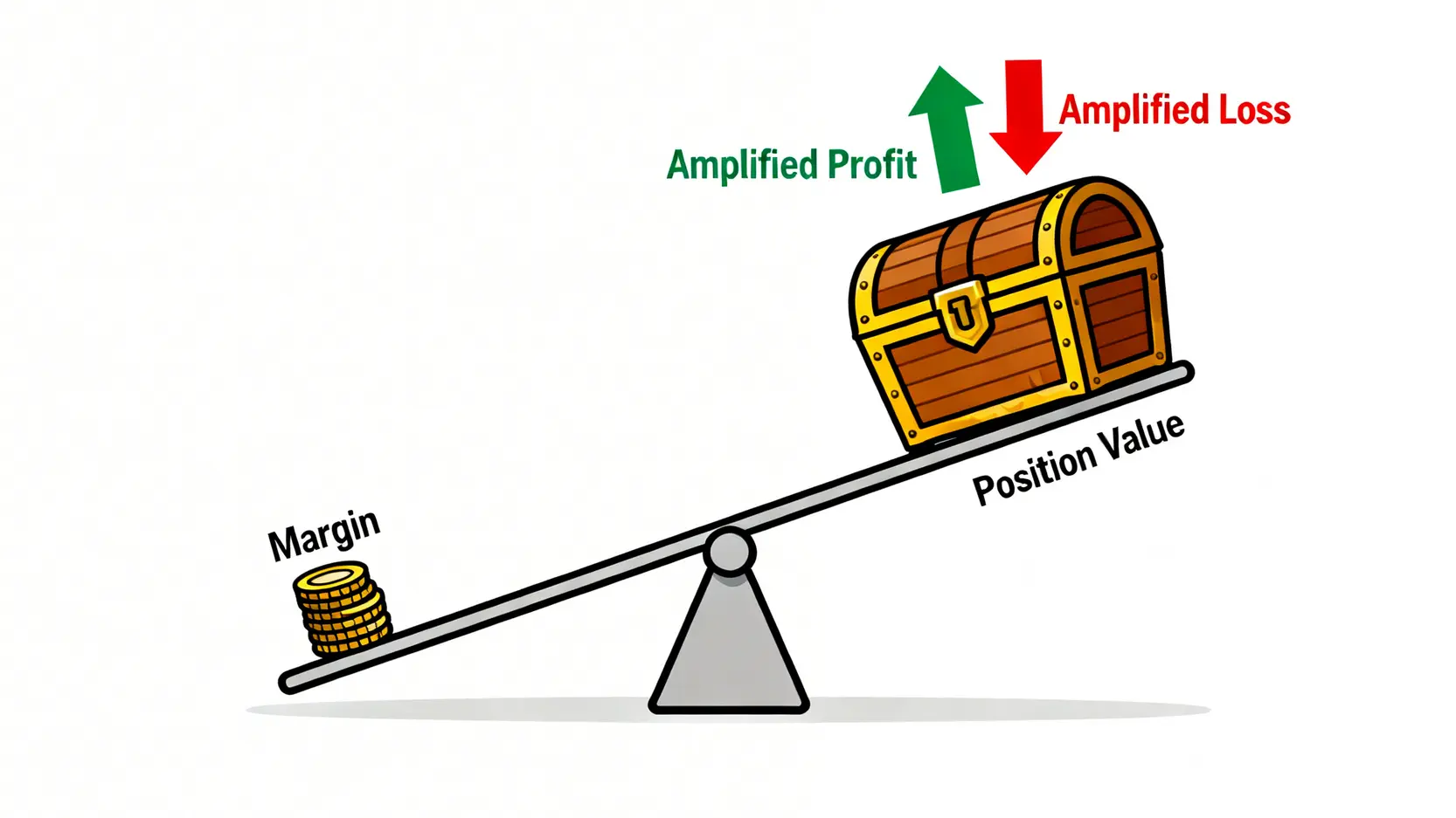 Vantage詐騙真相|是黑店還是受監管?拆解平台安全性、不出金、爆倉傳聞 一張槓桿效應示意圖,展示了小額保證金如何控制大額倉位,同時放大了潛在的利潤與虧損風險。