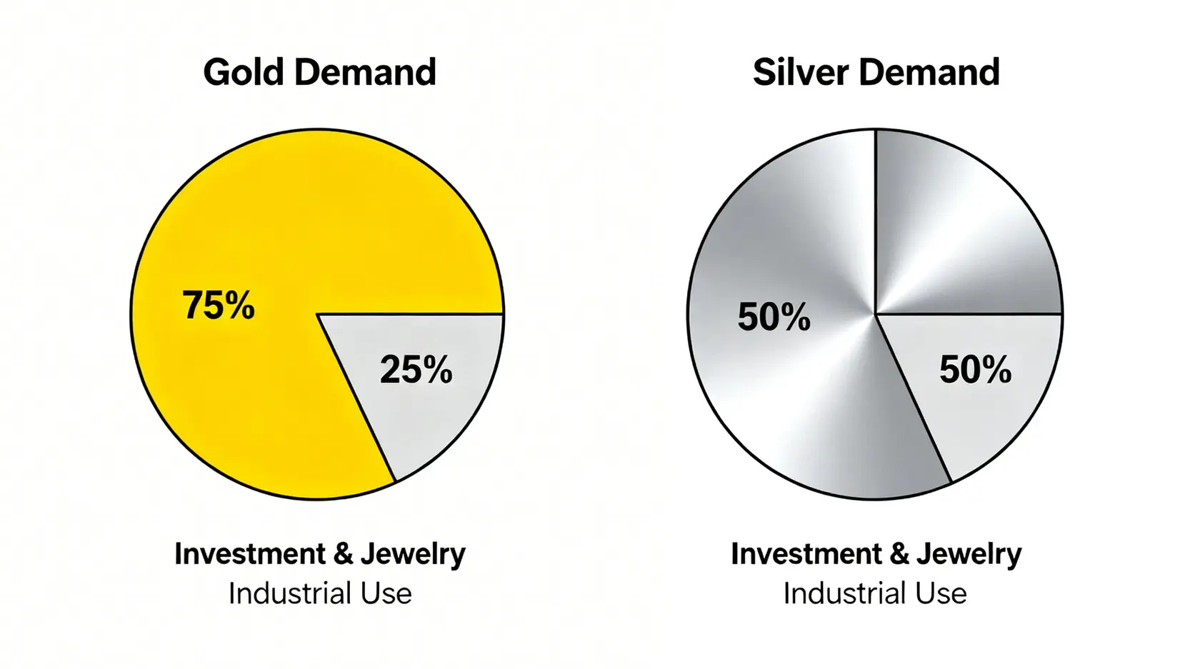 白銀怎麼買?2026台灣5大白銀投資管道全攻略:實體購買、白銀存摺優缺點比較 黃金與白銀需求結構對比圖,顯示黃金以投資為主,而白銀的工業與投資需求各半。