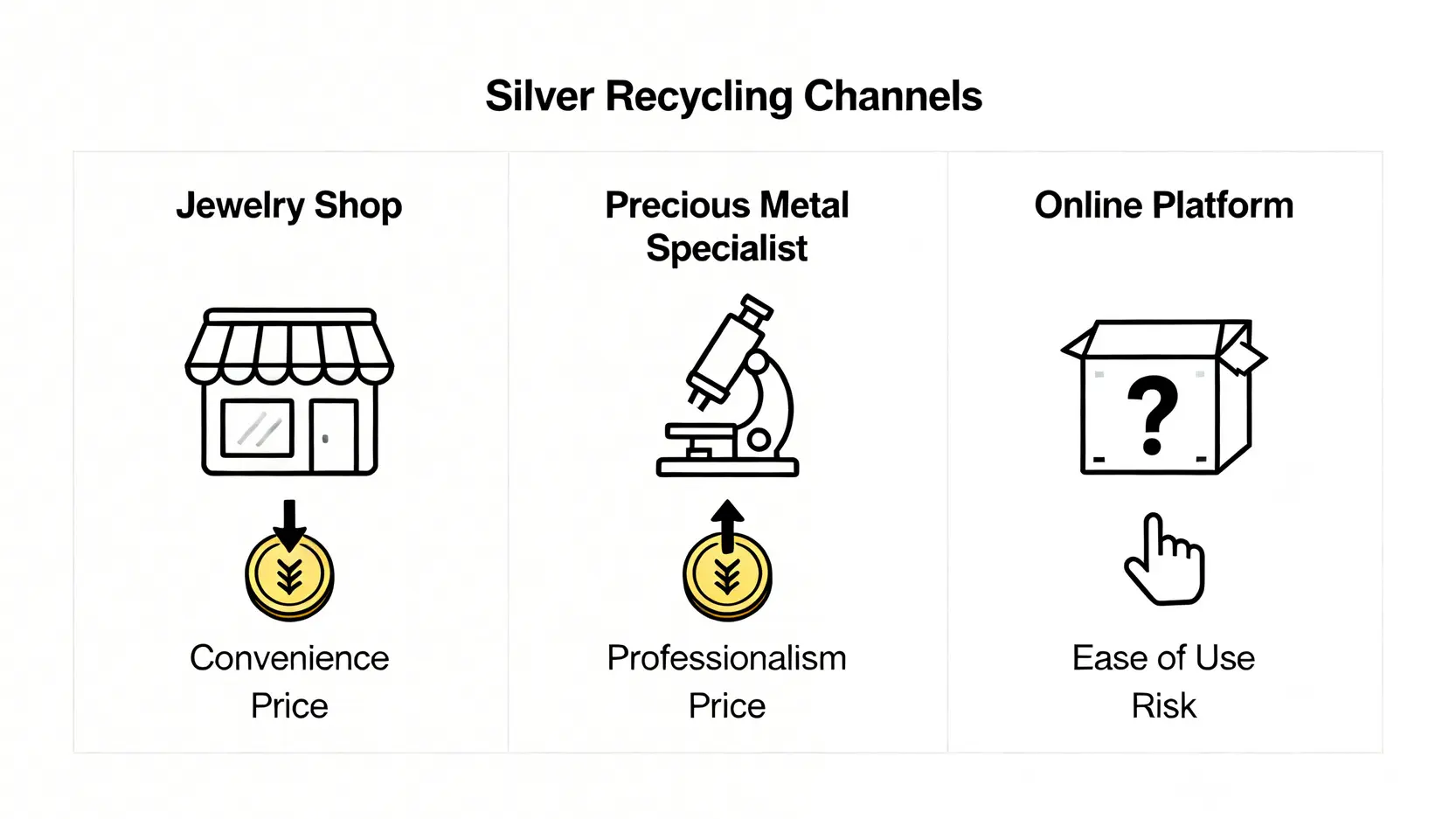 【2026白銀回收指南】價格、管道、損耗計算與推薦店家一次看懂! 三大白銀回收管道比較圖,包含銀樓、貴金屬專門店與線上平台,並列出各自的優缺點。
