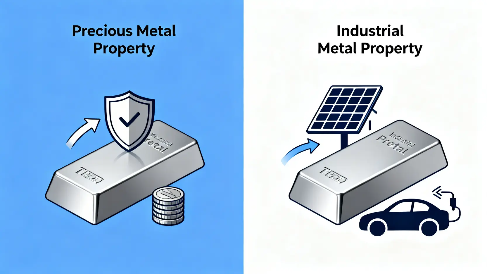 【2026白銀投資懶人包】投資白銀好嗎?一篇文看懂價格波動、風險與避險功能,PTT網友熱議總整理 一張示意圖,展示白銀的雙重屬性,一側連結避險功能如盾牌與金幣,另一側連結工業應用如太陽能板和電動車。