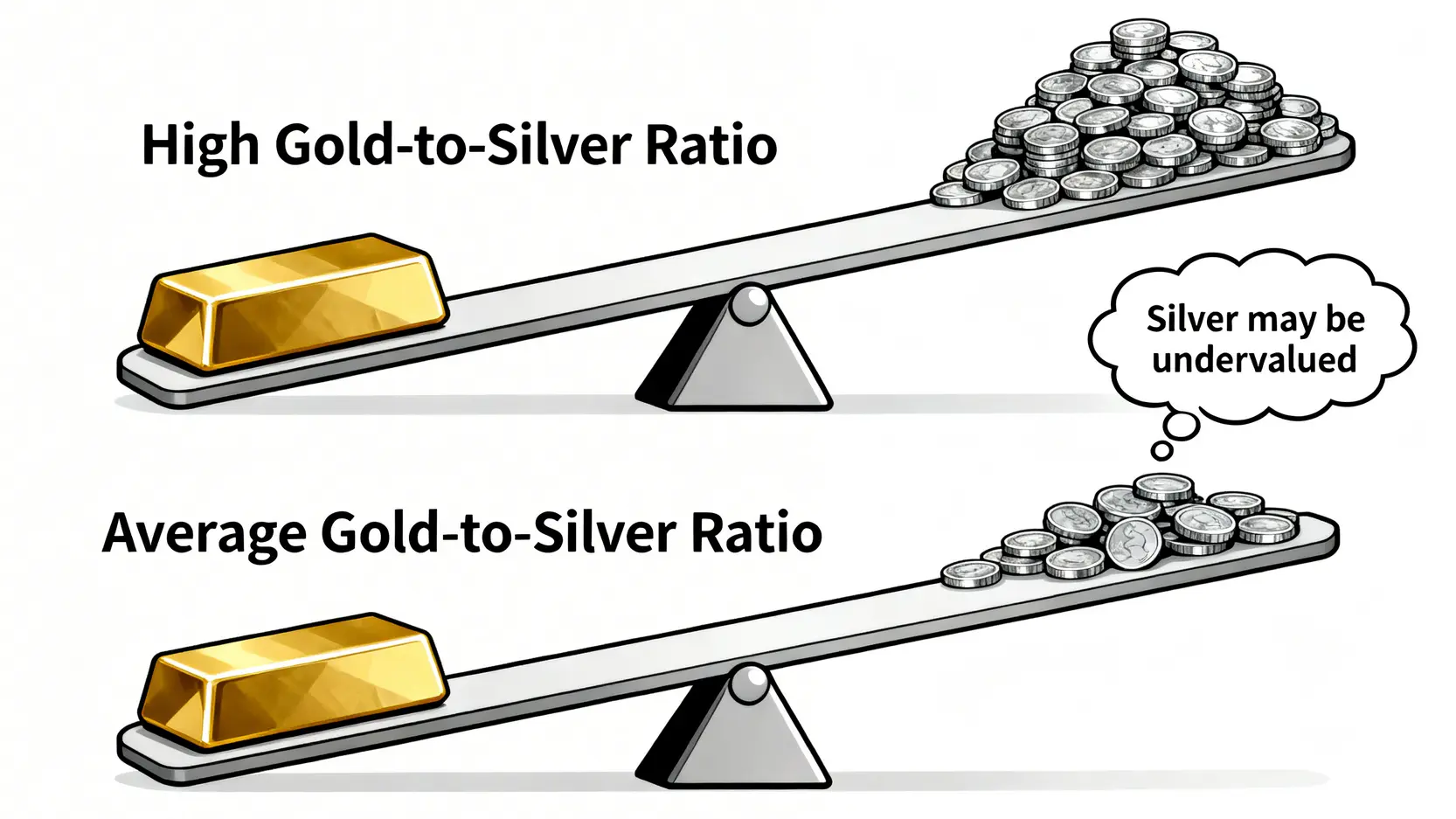 【2026白銀投資懶人包】投資白銀好嗎?一篇文看懂價格波動、風險與避險功能,PTT網友熱議總整理 一張圖解金銀比概念的示意圖,用蹺蹺板展示金銀比高時黃金重銀輕,代表白銀可能被低估,以及金銀比回歸平均時的平衡狀態。