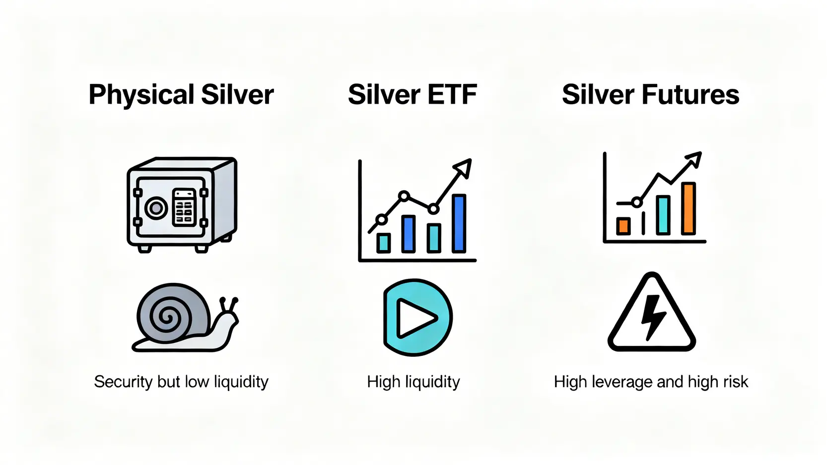 【2026白銀投資懶人包】投資白銀好嗎?一篇文看懂價格波動、風險與避險功能,PTT網友熱議總整理 一張對比圖,比較三種白銀投資管道:實體白銀(安全但流動性低)、白銀ETF(高流動性)和白銀期貨(高風險高槓桿)。