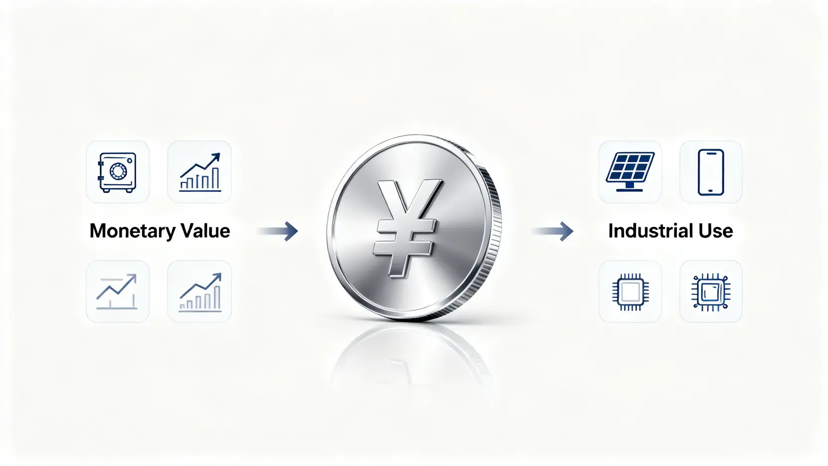 【2026白銀投資入門】新手怎麼買?5大投資管道、優缺點一篇搞懂! 一張概念圖說明銀的雙重價值,左側代表其作為避險資產的貨幣屬性,右側代表其在太陽能和電子產品中的工業應用價值。
