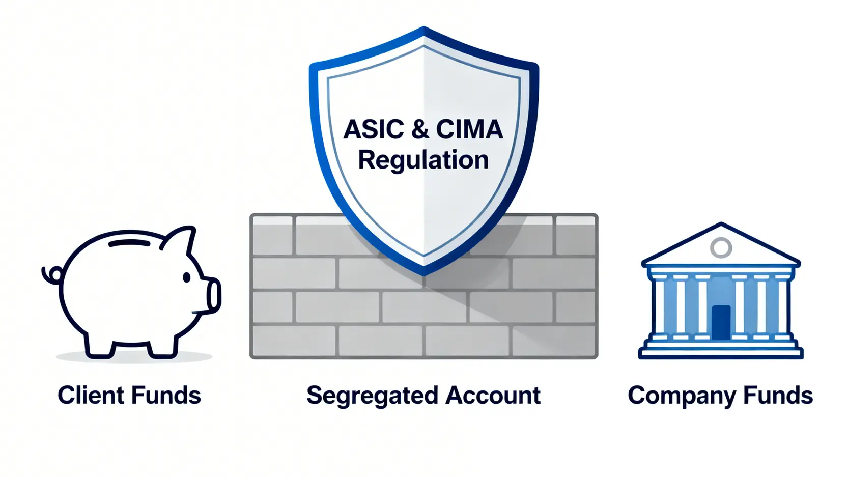 【2026 Mitrade全面評測】Mitrade是詐騙嗎?從平台介紹、手續費到5大優缺點一次看懂 Mitrade資金安全保障示意圖,展示了客戶資金隔離存放於信託帳戶,並受到ASIC和CIMA金融監管保護。
