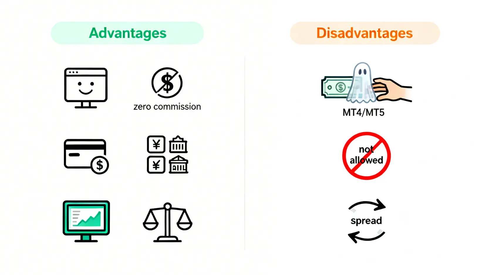 【2026 Mitrade全面評測】Mitrade是詐騙嗎?從平台介紹、手續費到5大優缺點一次看懂 Mitrade平台五大優點與三大缺點的對比圖,左側為優點如操作直觀、零佣金,右側為缺點如非實體資產、不支援MT4。