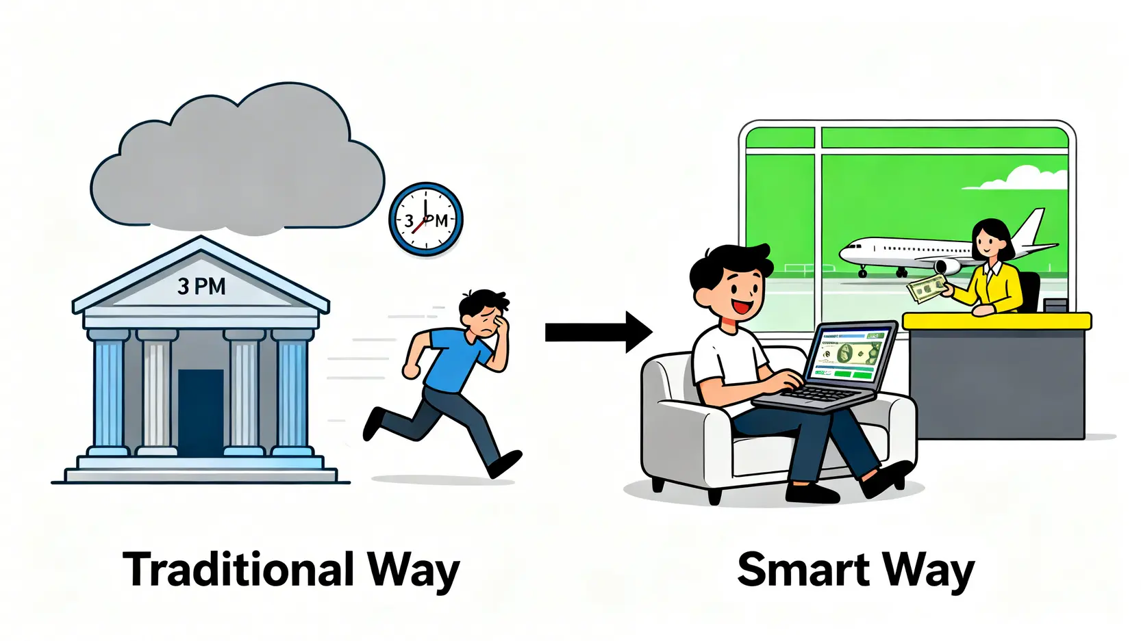 兆豐機場取鈔免手續費懶人包:線上結匯、機場提領地點全攻略 傳統臨櫃換匯與兆豐線上結匯機場提領的優勢對比圖