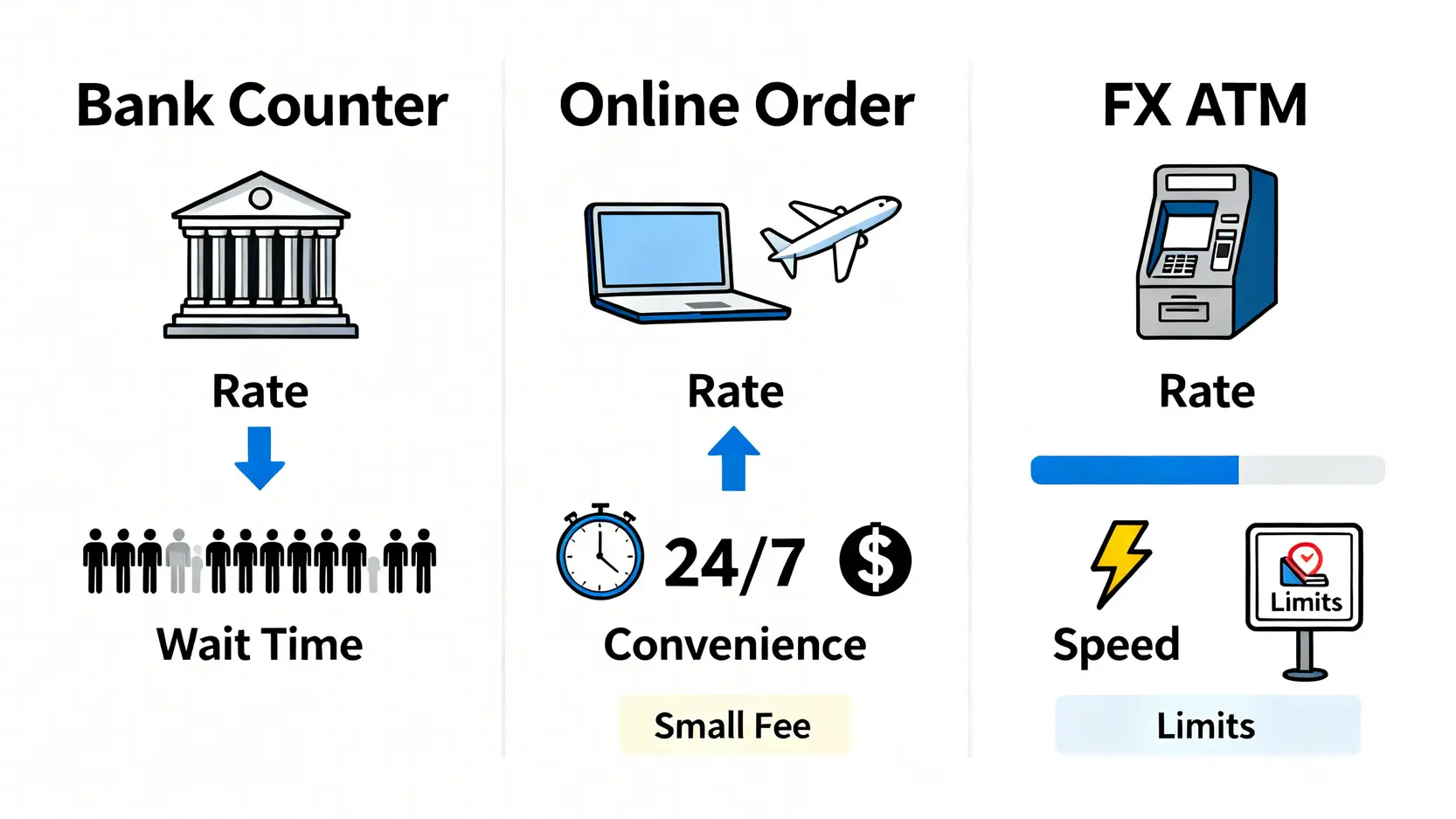 兆豐機場取鈔免手續費懶人包:線上結匯、機場提領地點全攻略 臨櫃換匯、線上結匯、外幣ATM三種換匯方式優缺點比較圖