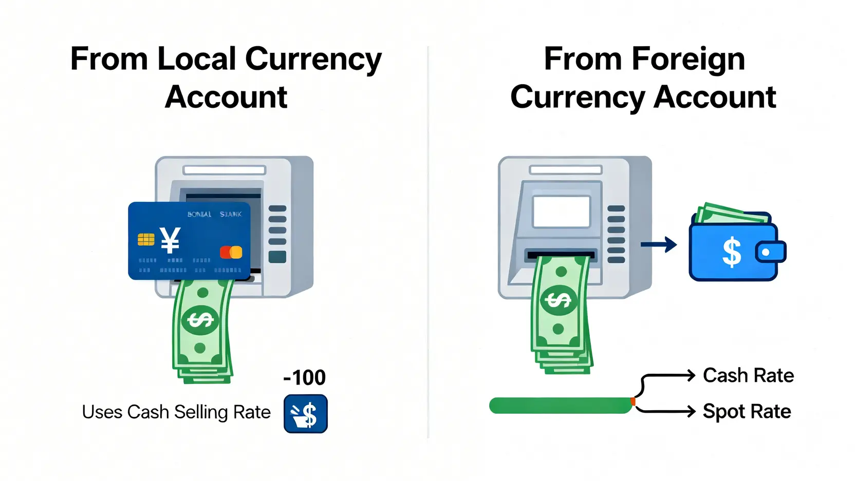 外幣ATM手續費比較(2026):富邦/台新/玉山提款教學與3大省錢技巧 從台幣帳戶與外幣帳戶提領外幣的流程與手續費比較圖。