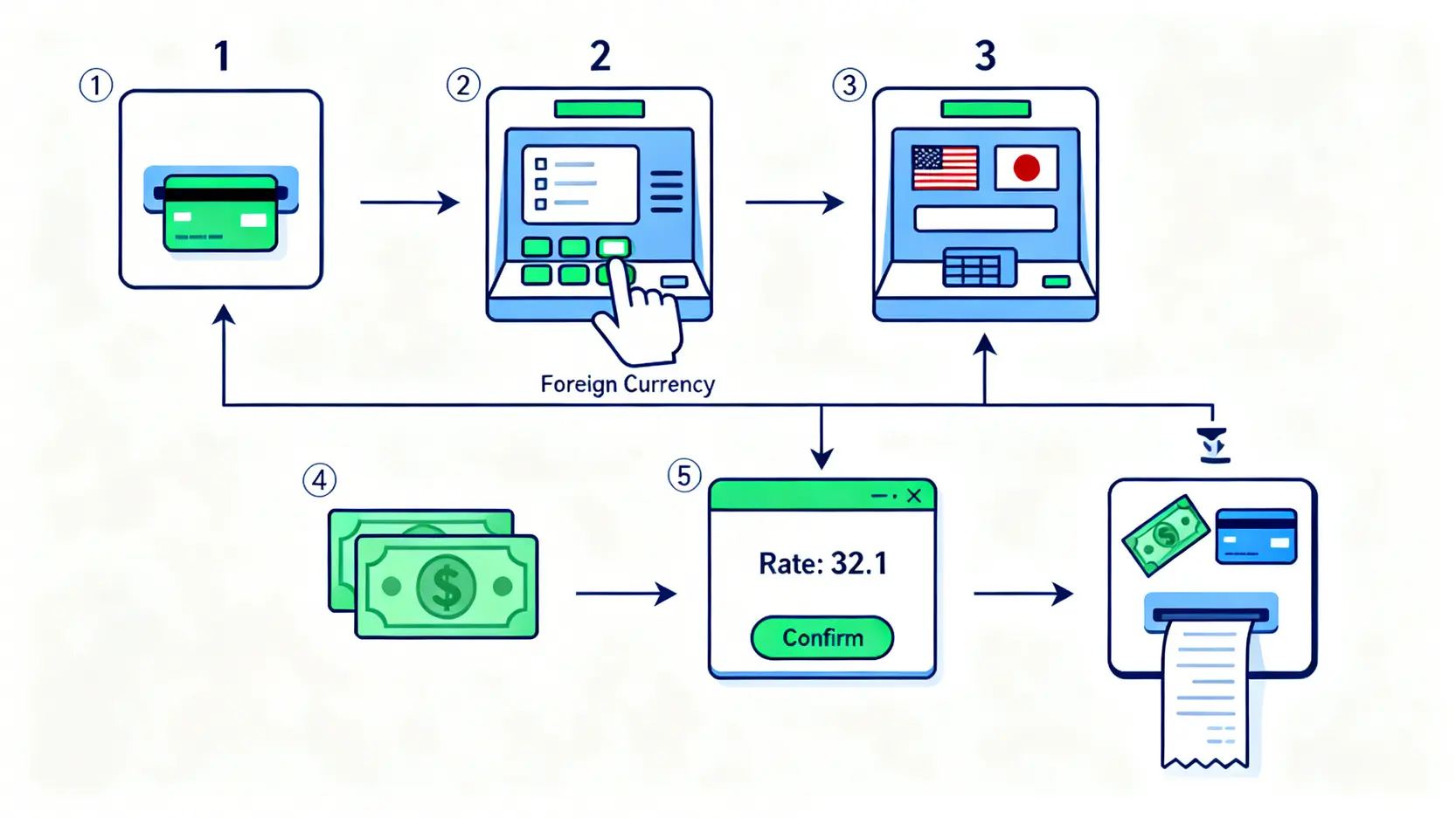 【外幣ATM提款教學】5步驟搞定!提領上限、手續費與注意事項全攻略 外幣ATM提款五步驟教學流程圖,包含插入金融卡、選擇功能、輸入金額、確認匯率及取出現金。