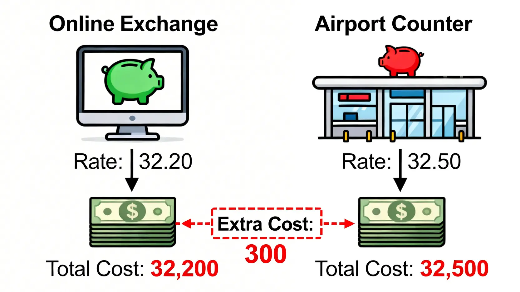 機場換匯划算嗎?4大出國換錢管道完整比較,匯率、手續費全攻略 線上結匯與機場臨櫃換匯的成本對比圖,顯示機場換匯因匯率較差而導致總成本更高。