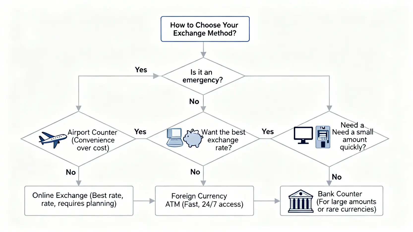 機場換匯划算嗎?4大出國換錢管道完整比較,匯率、手續費全攻略 一張流程圖,根據使用者是否緊急、是否追求最佳匯率、或需求金額大小等問題,引導他們選擇最適合的出國換錢管道。