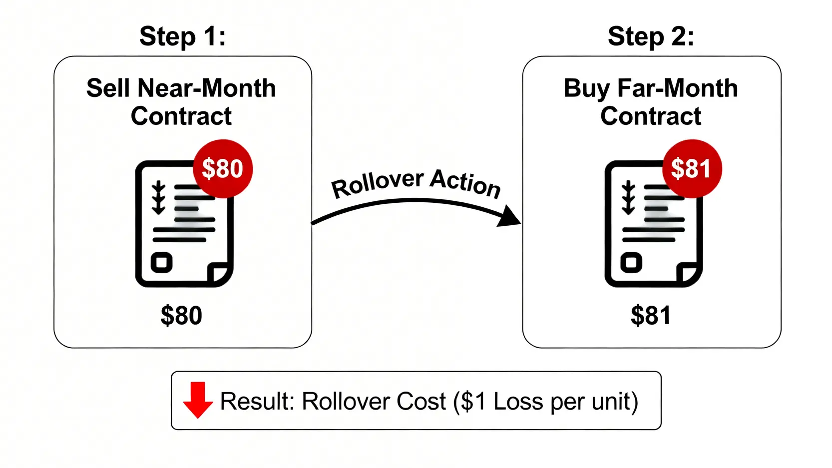2026石油投資新手指南:ETF、期貨、CFD四大方式優缺點與開戶教學 原油期貨正價差轉倉成本示意圖,顯示賣出較便宜的近月合約並買入較貴的遠月合約時產生的虧損。