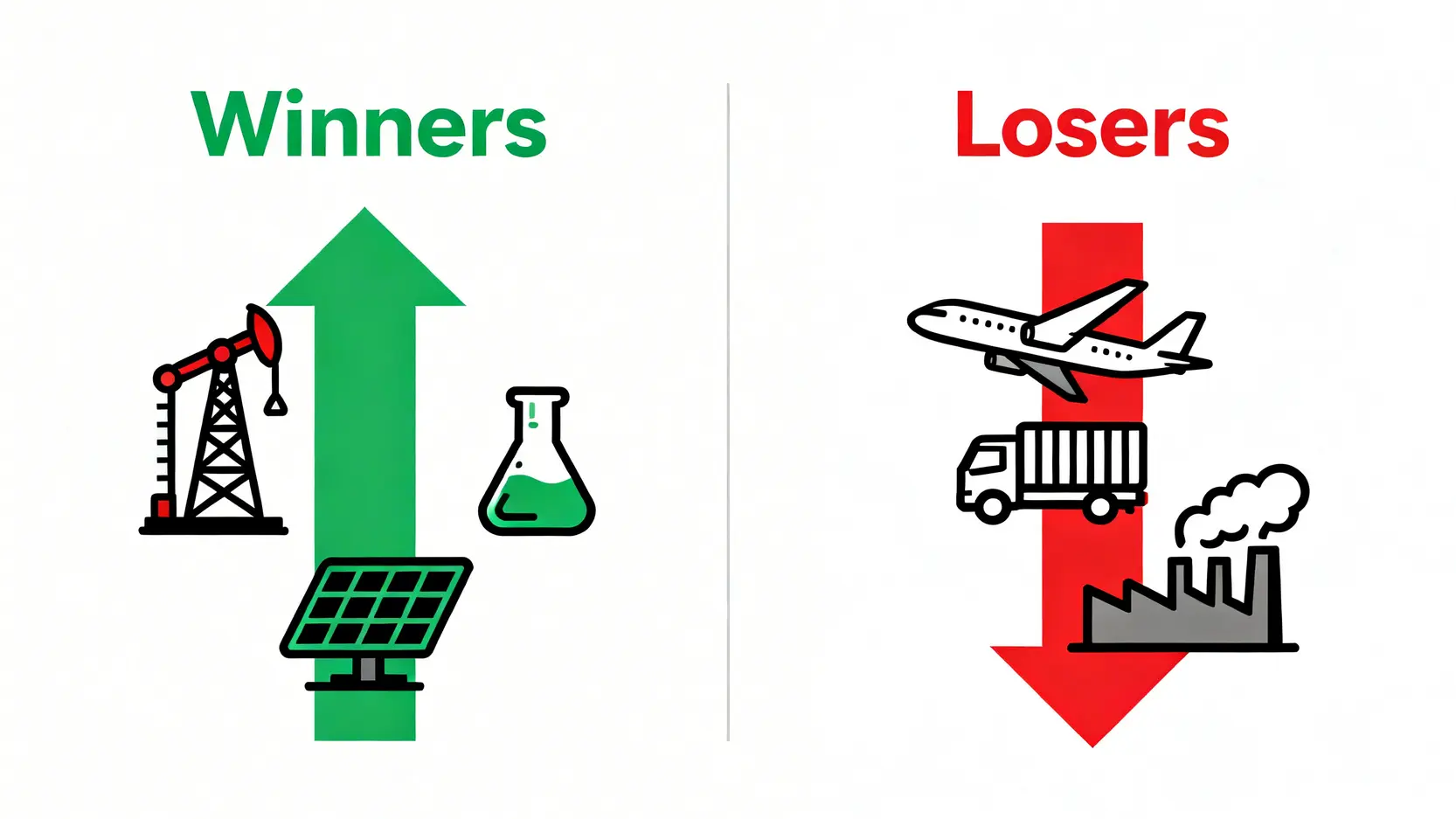 原油上漲受惠股有哪些?不只台塑四寶,專家點名這3大族群迎來補漲行情 油價上漲對不同產業的影響對比圖,左邊是受惠的能源和塑化業,右邊是受創的航空和運輸業。