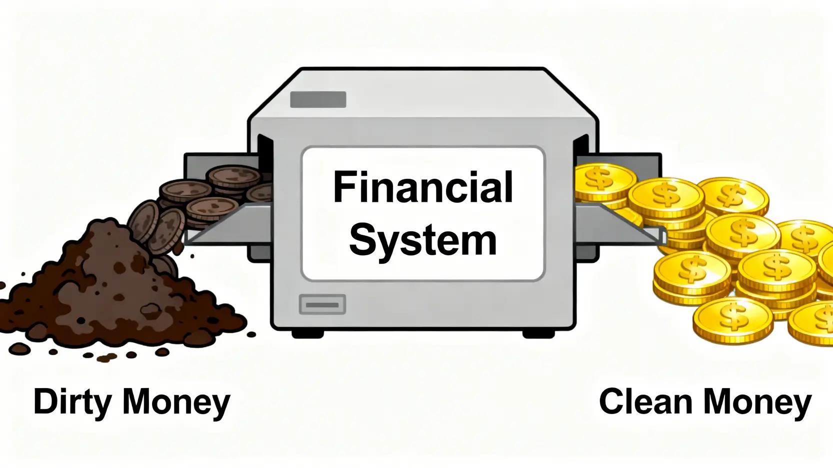 洗錢是什麼?一篇搞懂洗錢定義、3大手法與《洗錢防制法》刑責 洗錢概念圖,展示黑錢如何透過金融系統變成乾淨的資金。