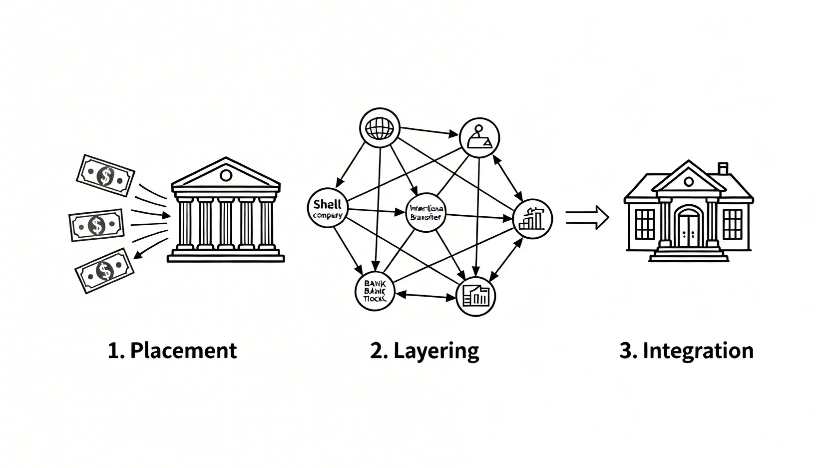 洗錢是什麼?一篇搞懂洗錢定義、3大手法與《洗錢防制法》刑責 洗錢三階段流程圖,展示處置、多層化、整合的完整過程。