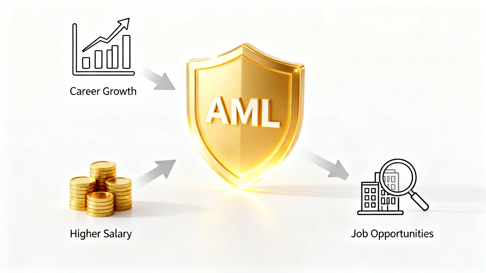 一張概念圖，展示AML洗錢防制證照如何帶來職涯成長、更高薪資和更多工作機會。