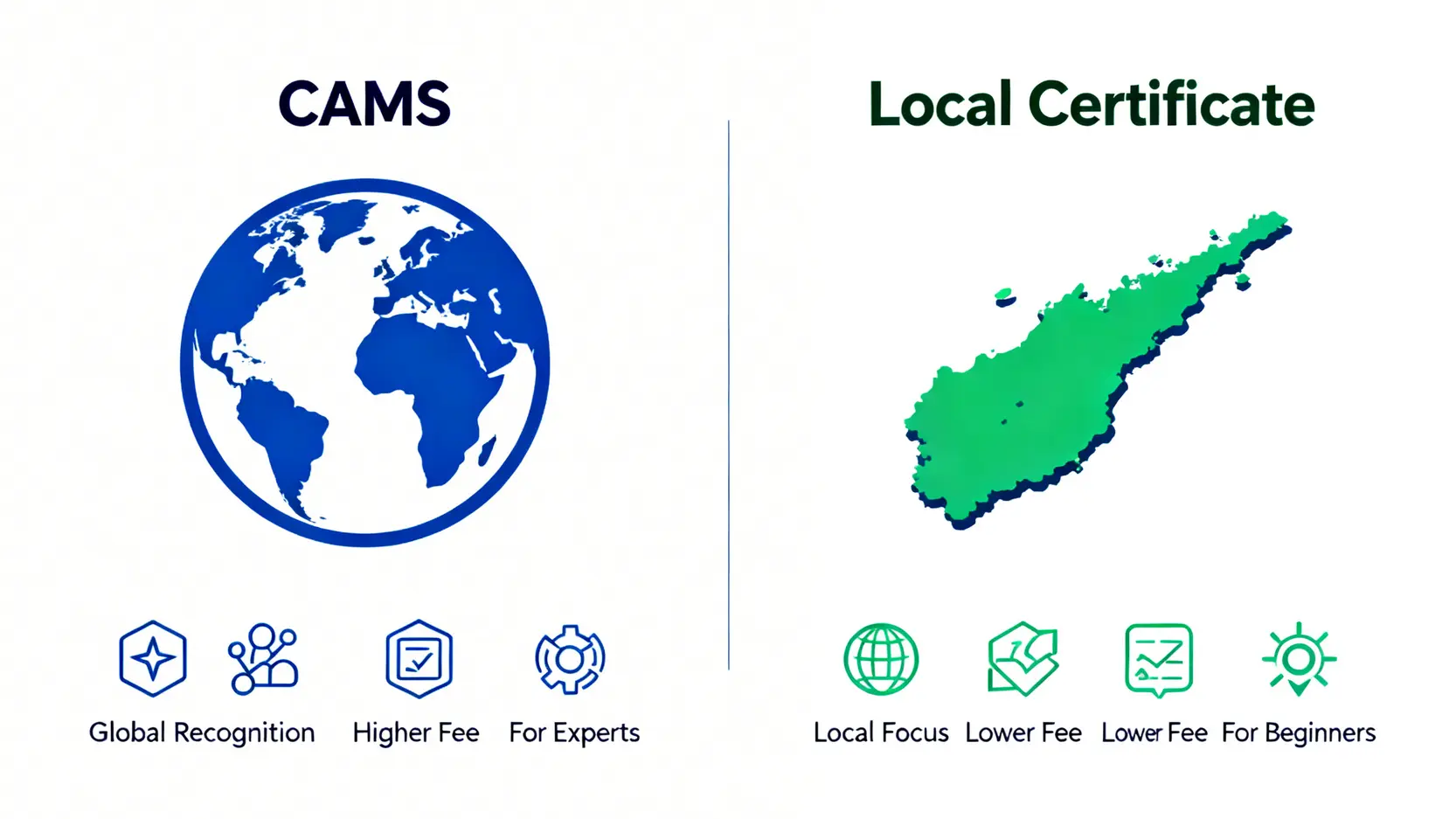 【2026最新】洗錢防制證照有用嗎?一篇搞懂AML證照種類、考試價值與職涯出路 一張對比圖,比較國際CAMS證照與國內洗錢防制證照在認可範圍、費用和適用對象上的差異。