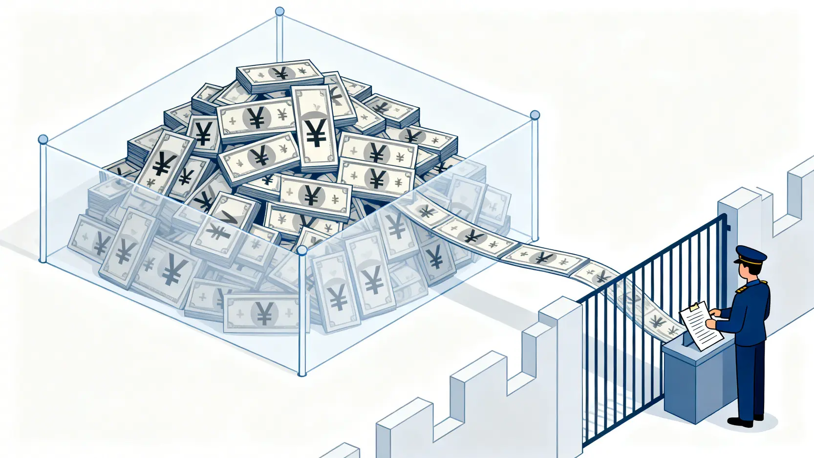 【2026最新】大陸匯款到台灣限制全攻略:5大重點搞懂人民幣匯款規定與額度 外匯管制概念圖,顯示人民幣資金流出時受到嚴格的官方關卡審核。