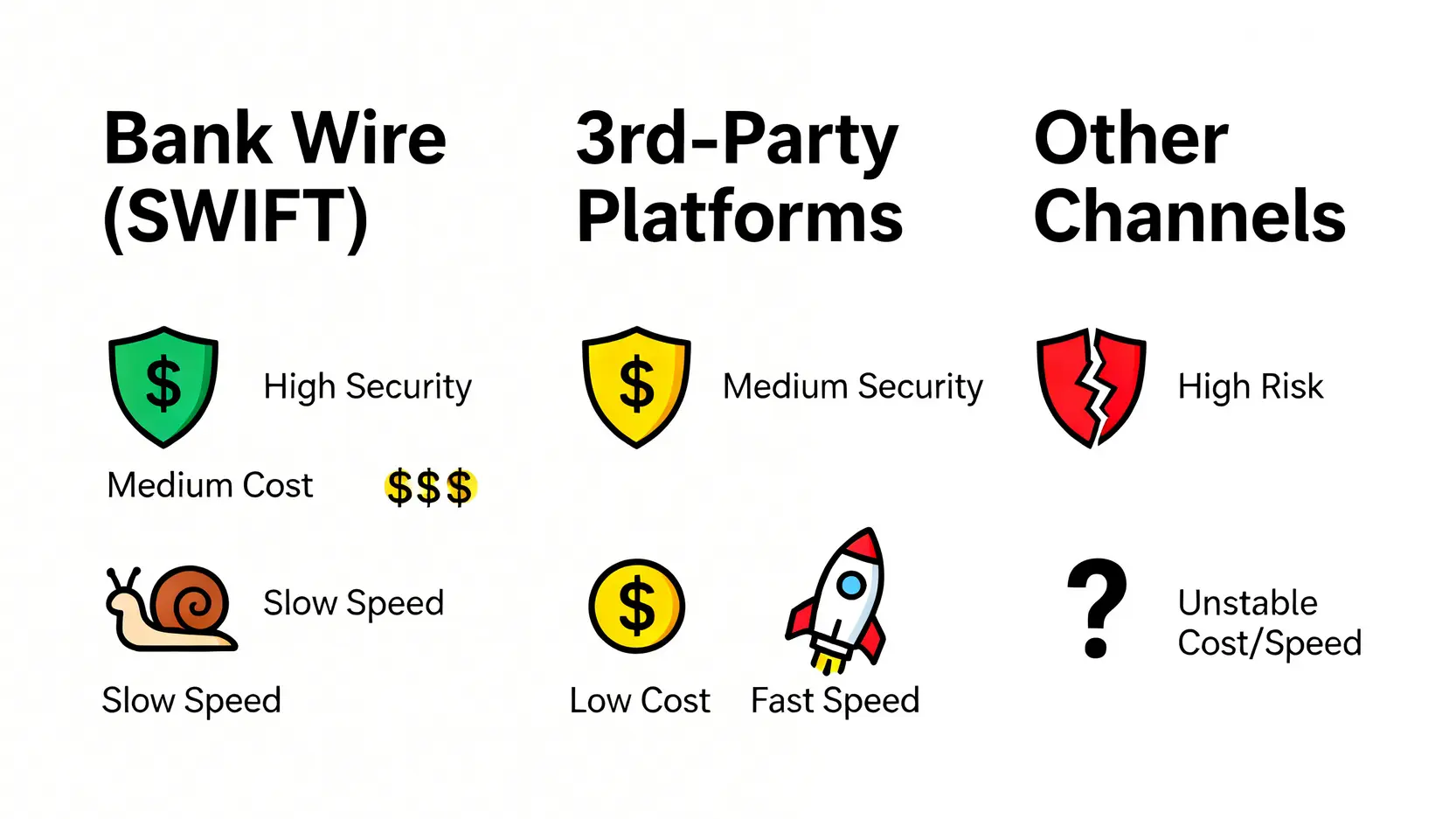 大陸匯款到台灣手續費要多少?銀行電匯流程、限額與避坑指南 大陸匯款到台灣的三種方式比較圖,包含銀行電匯、第三方平台與其他管道在安全性、成本與速度上的比較。