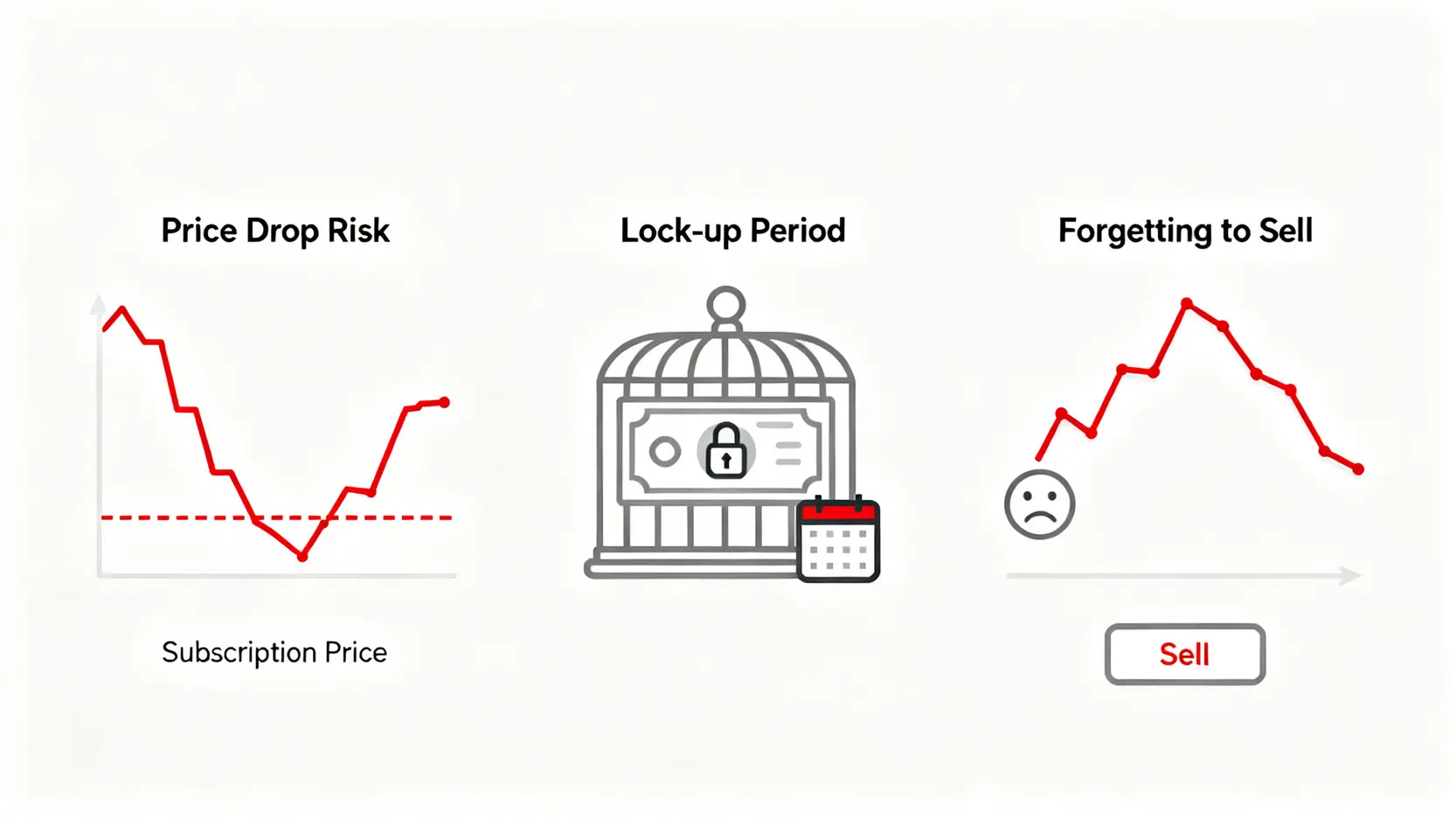 股票申購是什麼?2026新手抽籤完整教學,一篇搞懂流程、費用與中籤秘訣 股票申購的三大風險示意圖:破發風險、閉鎖期風險、忘記賣出導致由賺變虧的風險。