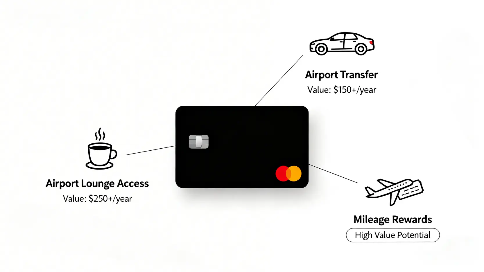 2026台灣頂級信用卡攻略:一篇看懂「優先理財」免年費、哩程與貴賓室權益 高階信用卡三大核心旅遊權益價值分析圖,包含機場貴賓室、機場接送與哩程回饋的年度估算價值。