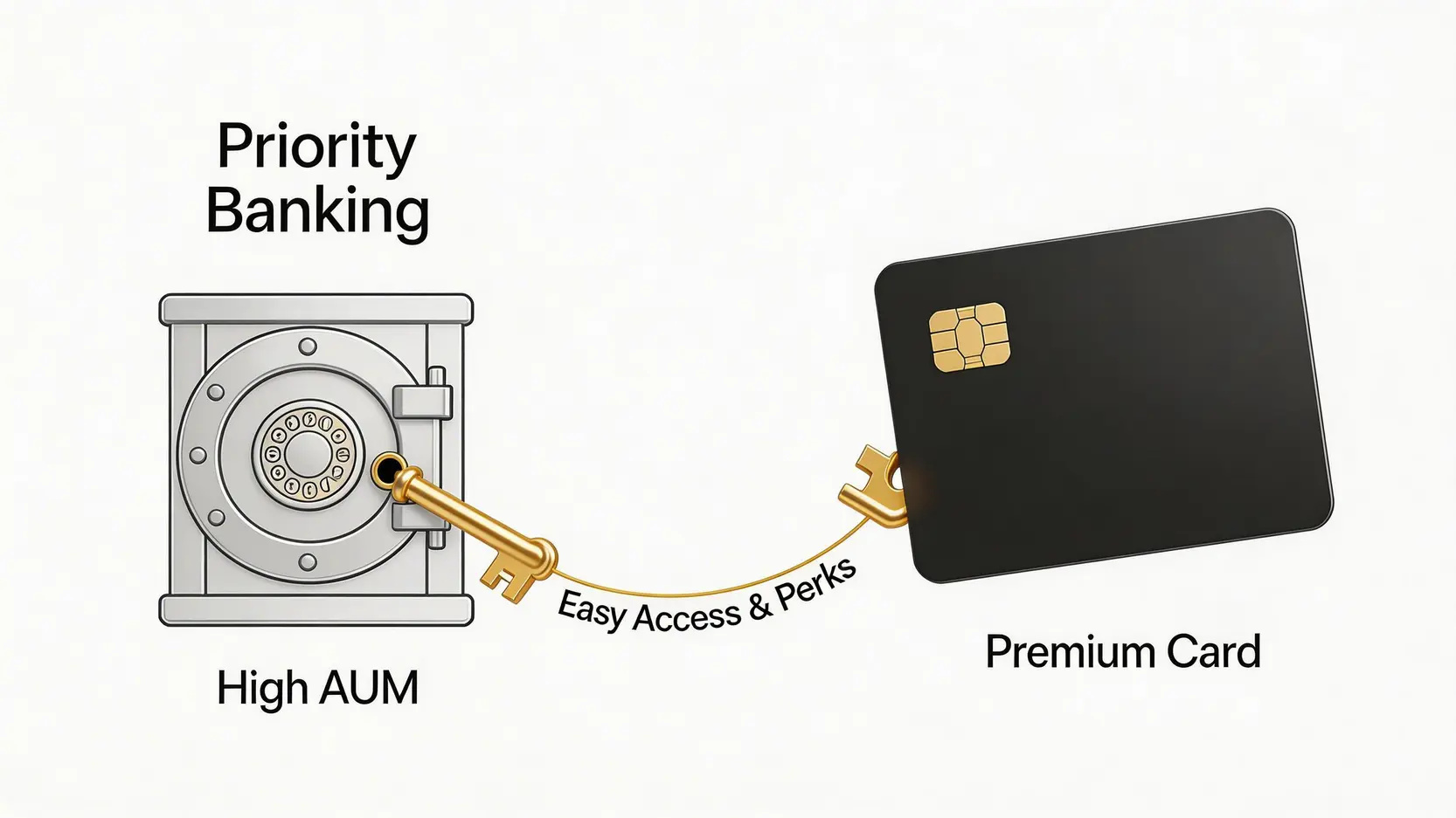 【2026頂級信用卡比較】一篇搞懂優先理財、免年費門檻與旅遊神卡回饋 一張示意圖,展示了銀行優先理財資格(以金庫圖示代表)是通往高階信用卡(以黑色卡片圖示代表)及其尊榮權益的鑰匙。