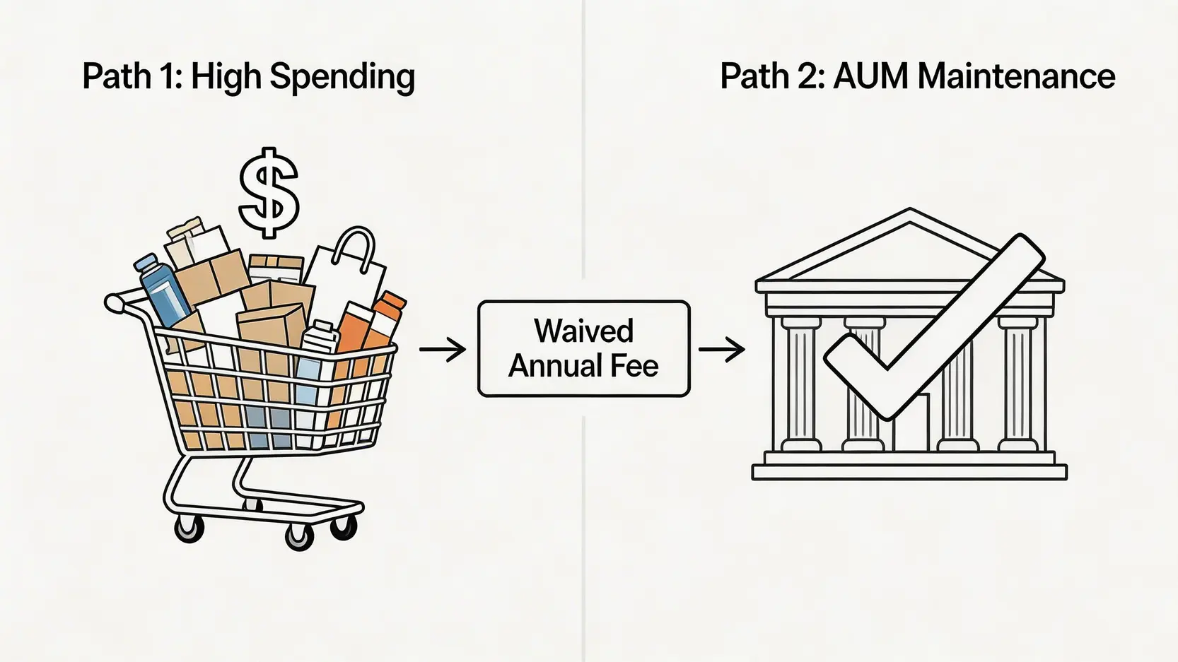 【2026頂級信用卡比較】一篇搞懂優先理財、免年費門檻與旅遊神卡回饋 一張對比圖,展示了兩種減免高階信用卡年費的方式:左邊是透過大量刷卡消費,右邊是透過維持銀行內的資產等級。