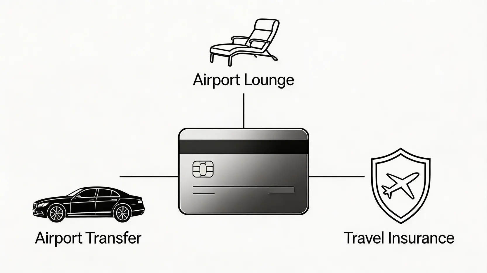 【2026頂級信用卡比較】一篇搞懂優先理財、免年費門檻與旅遊神卡回饋 概念示意圖,中間是一張高階信用卡,周圍環繞著三個核心旅遊權益圖示:機場貴賓室、機場接送服務與高額旅遊保險。