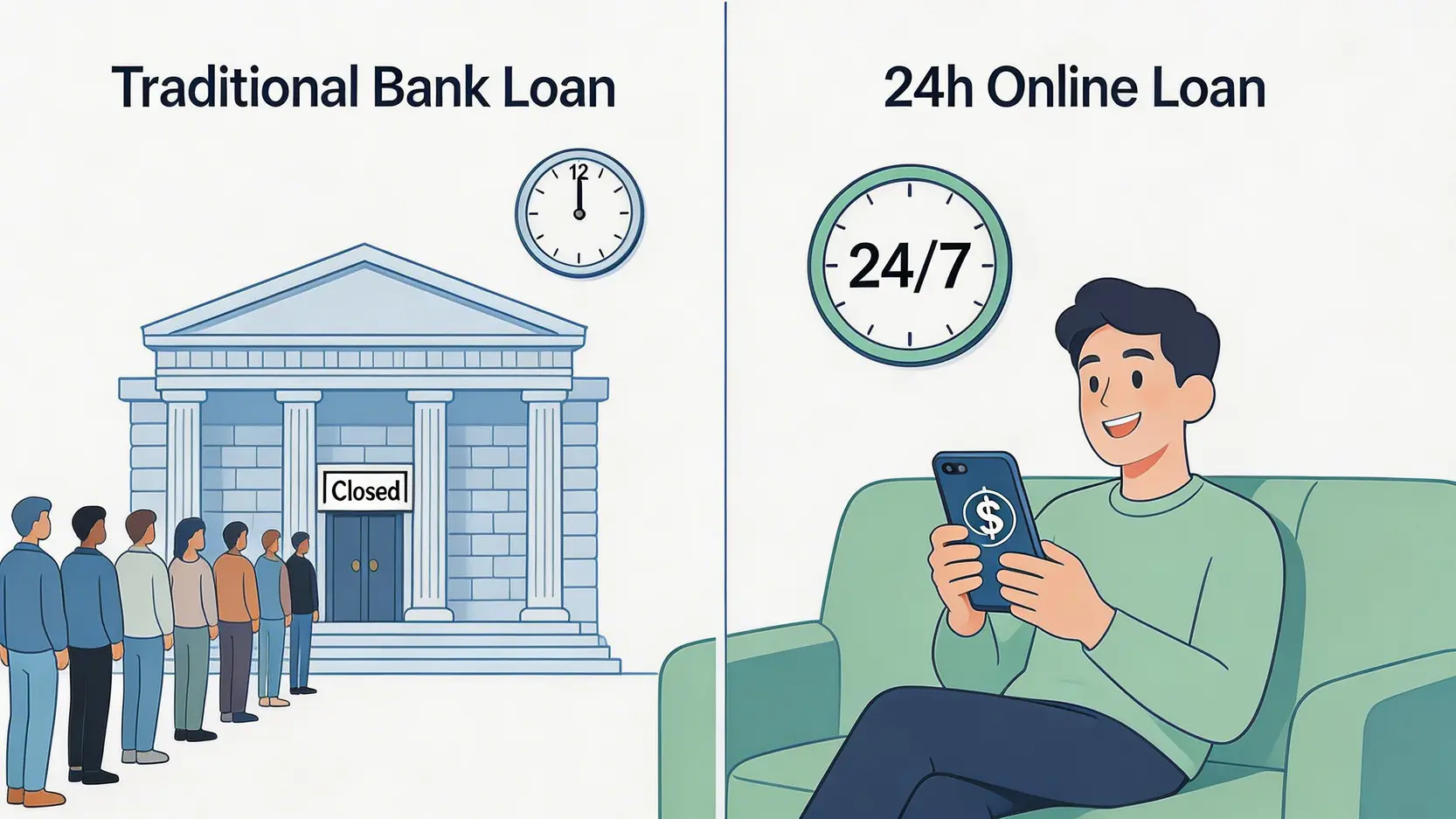 【2026最新】5大24小時線上借款APP推薦!實測線上快速借款優缺點與申辦條件 傳統銀行貸款與24小時線上借款的比較圖,突顯線上借款不受時間限制的便利性。