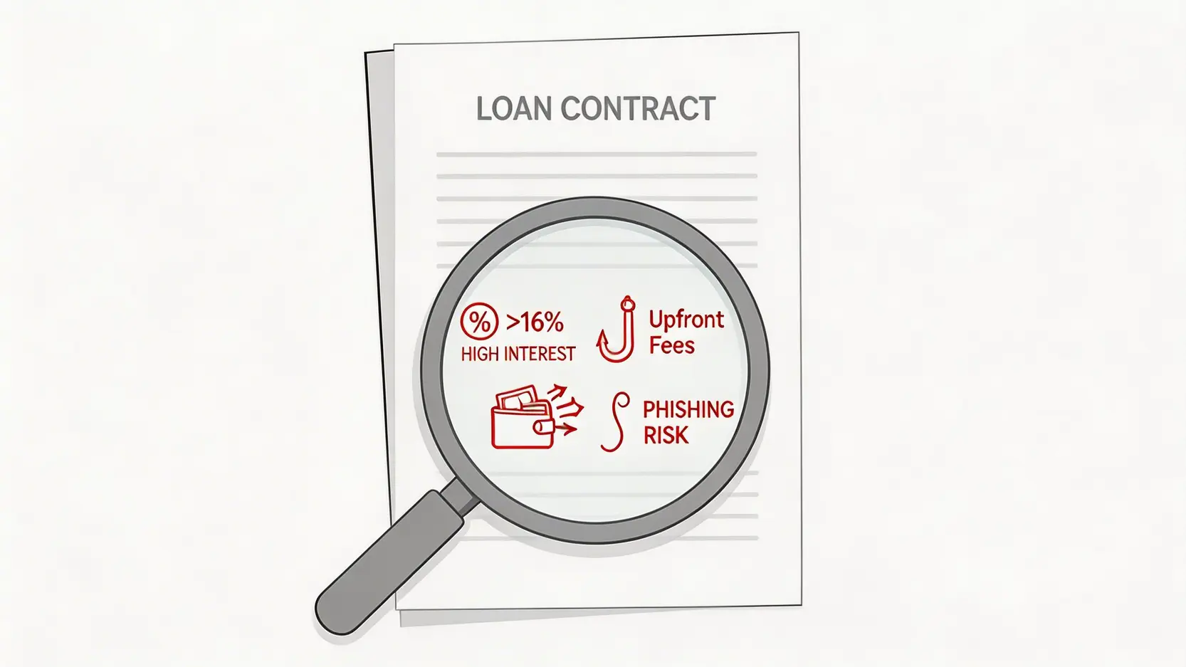 【2026最新】5大24小時線上借款APP推薦!實測線上快速借款優缺點與申辦條件 辨識線上借款詐騙的示意圖,一個放大鏡正在檢查合約上的高利率、預付費用等警示信號。
