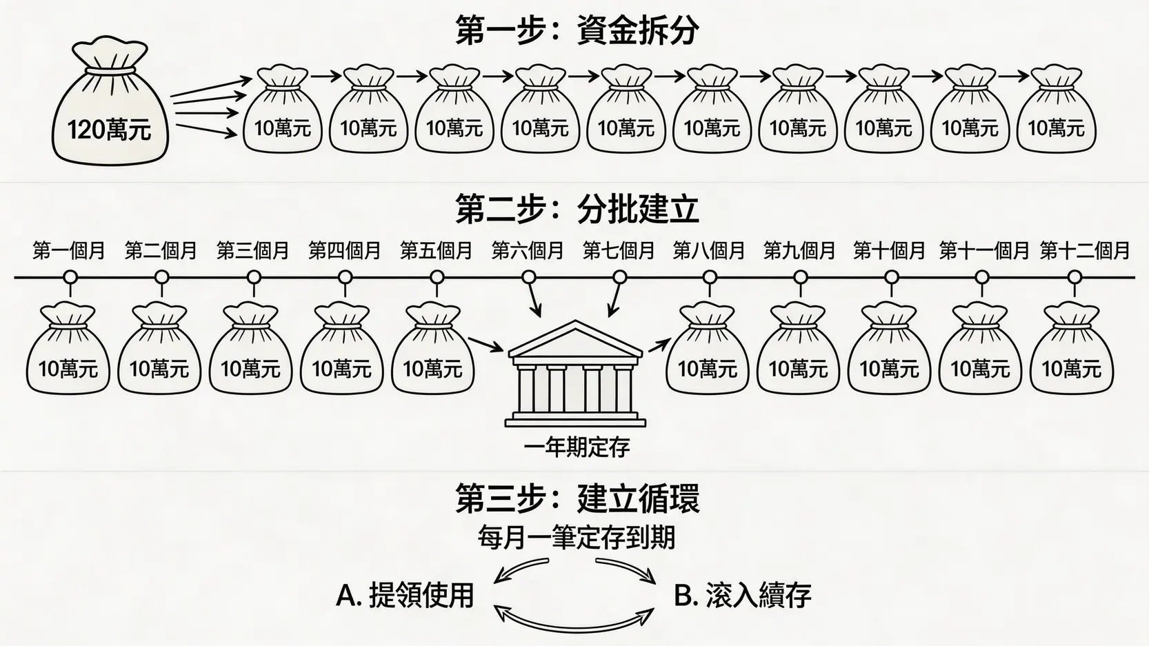 定存利率怎麼算?2026各家銀行定存利率比較、利息計算一篇搞懂 階梯式定存法操作步驟圖解,包含資金拆分、分批建立和建立循環三個階段。