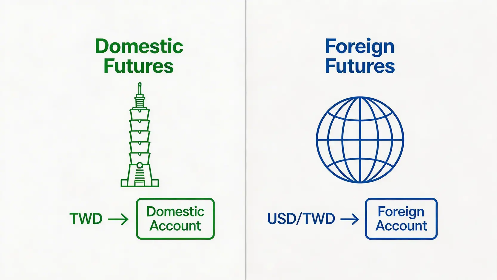 元大期貨入金教學:3分鐘搞懂虛擬帳號與保證金入金流程 國內期貨與國外期貨保證金帳戶對比圖,顯示兩者資金帳戶獨立且交易市場不同。