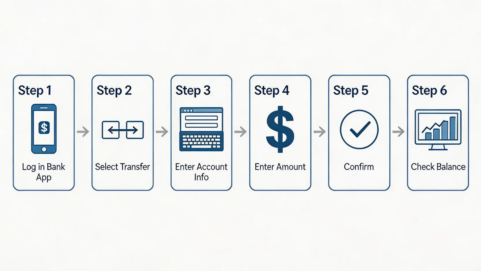 元大期貨入金教學:3分鐘搞懂虛擬帳號與保證金入金流程 元大期貨入金流程圖,包含登入網銀、選擇轉帳、輸入資訊、輸入金額、確認、查詢到帳等六個步驟。