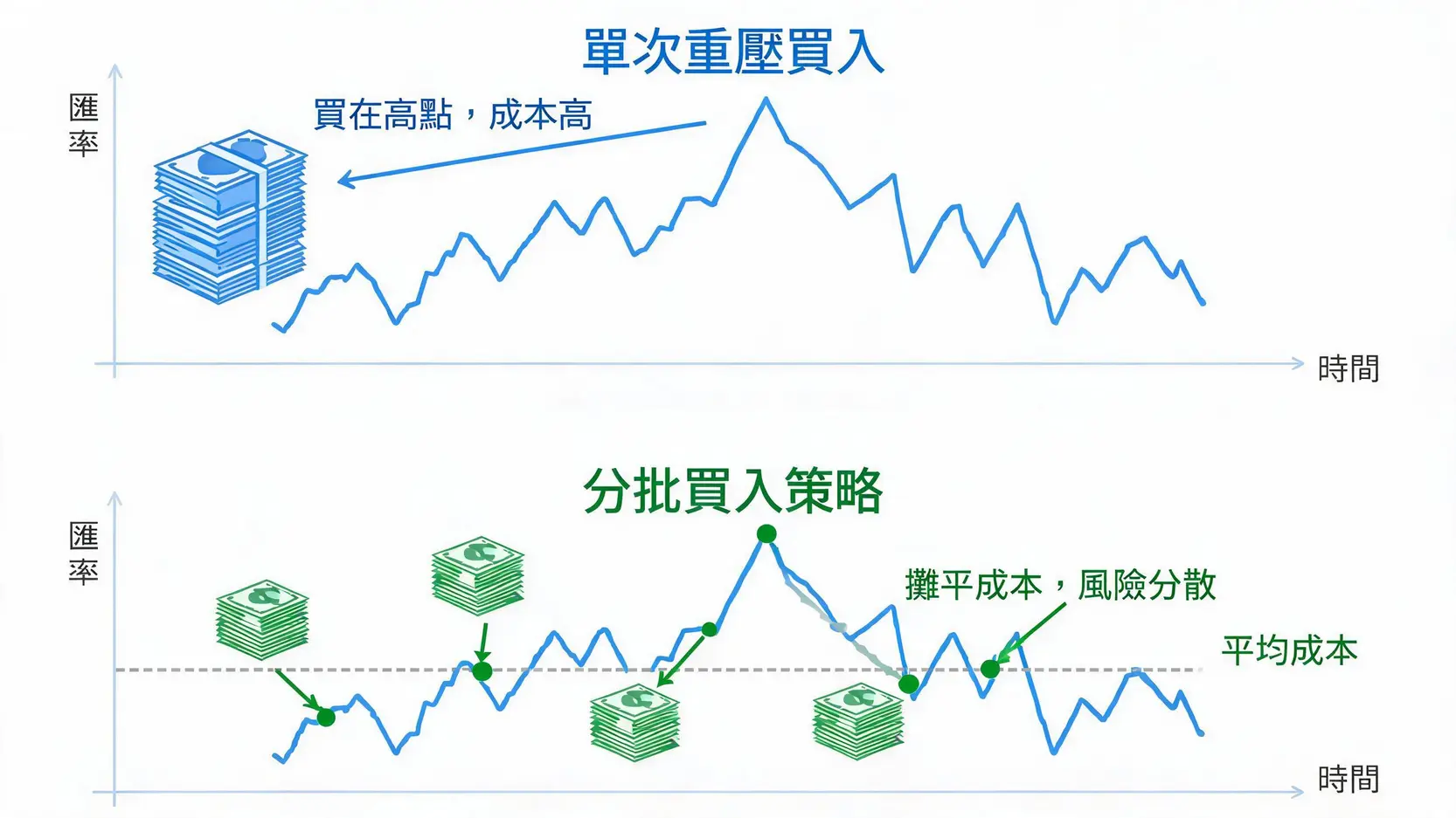 【2026換美金攻略】換美金必看!秒懂匯率、手續費,3大管道最划算換法大公開 分批買入策略示意圖,顯示單次買在高點與多次購買攤平成本的匯率風險對比。
