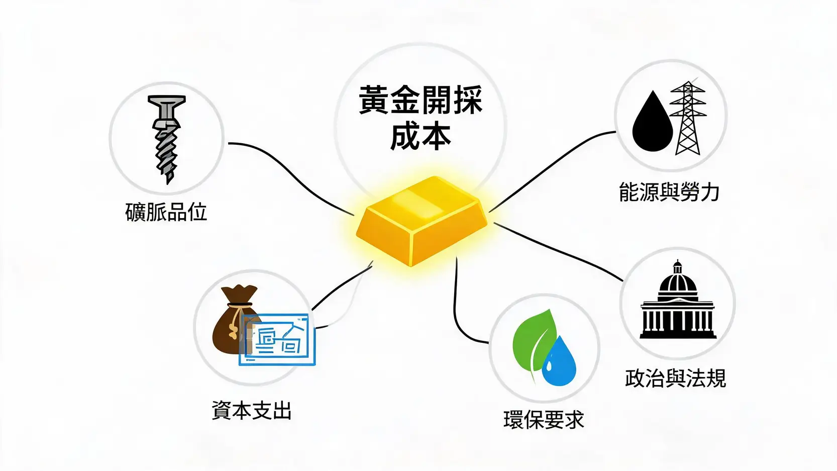 黃金採集成本全解析:AISC如何揭示金價底線?(投資者必讀) 影響黃金開採成本的五大關鍵因素示意圖,包括礦脈、能源、政治、環保和資本支出。