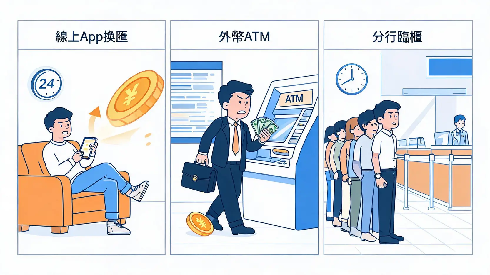 國泰換匯省錢秘笈:3大管道與技巧全解析,換在最低點匯率比別人更好! 國泰三大換匯管道比較圖,顯示線上App換匯最划算方便,ATM提領快速但成本較高,分行臨櫃最耗時且成本最高。
