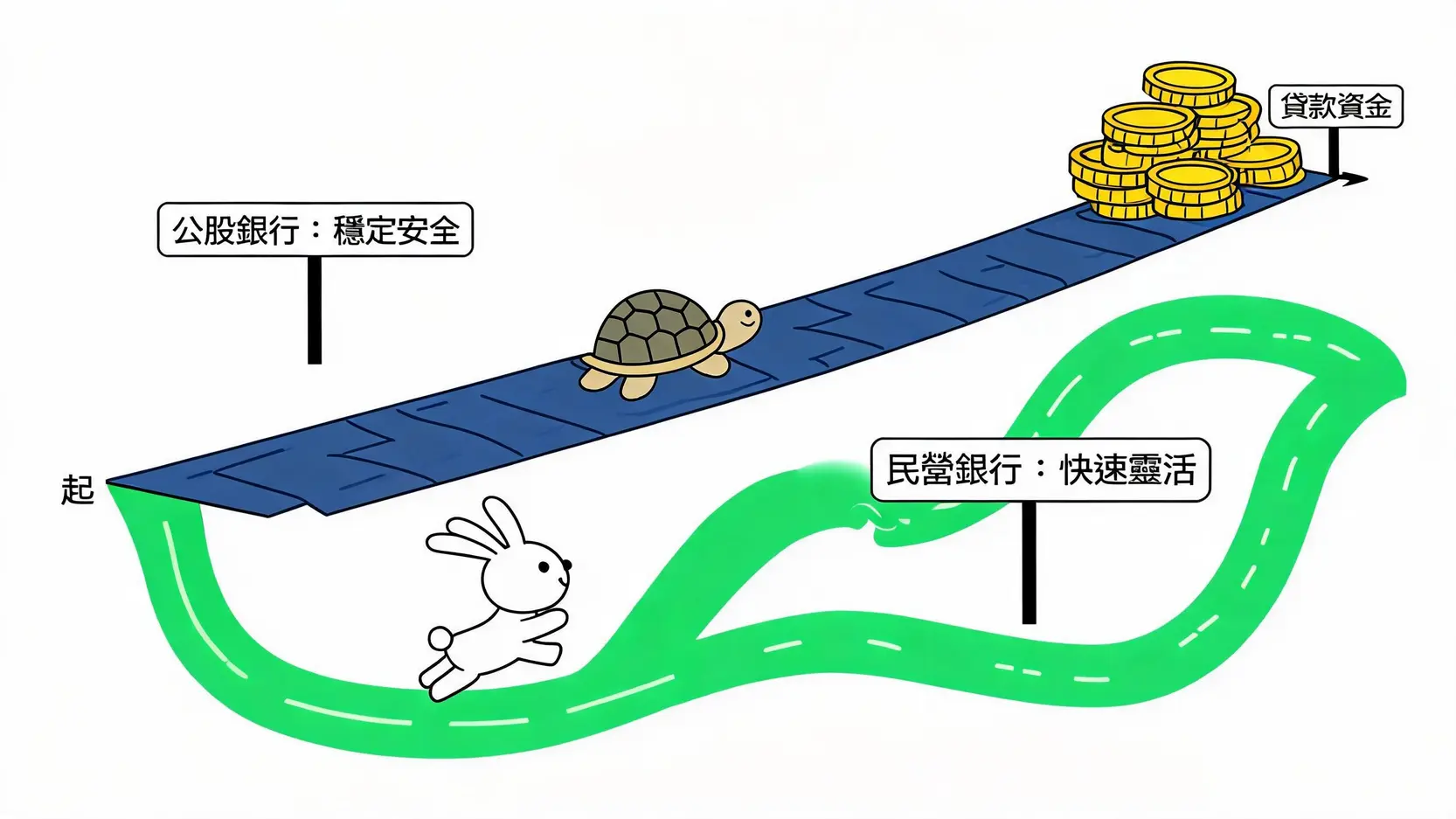 土銀房屋增貸好嗎?與台銀、合庫等4大公股銀行利率、額度比較 公股銀行與民營銀行房屋增貸方案比較示意圖,公股銀行如穩健的烏龜,民營銀行如快速的兔子。
