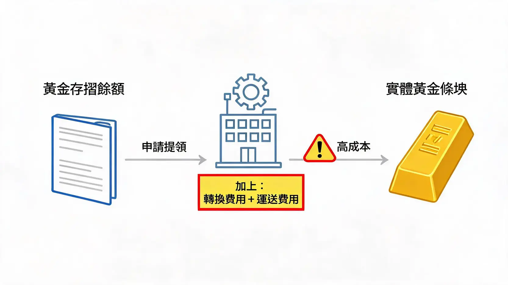台銀黃金存摺手續費全解析:買賣、保管、提領費用一次看懂 黃金存摺提領實體黃金流程圖,強調需要加上轉換費與運送費等高額成本。