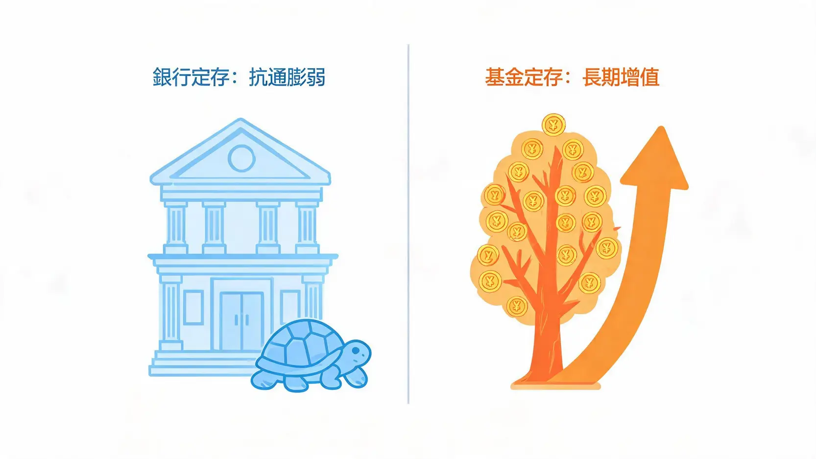 基金怎麼選?買基金好嗎?新手必看保守型基金推薦與基金定存比較指南 銀行定存與基金定存的報酬率與抗通膨能力對比圖