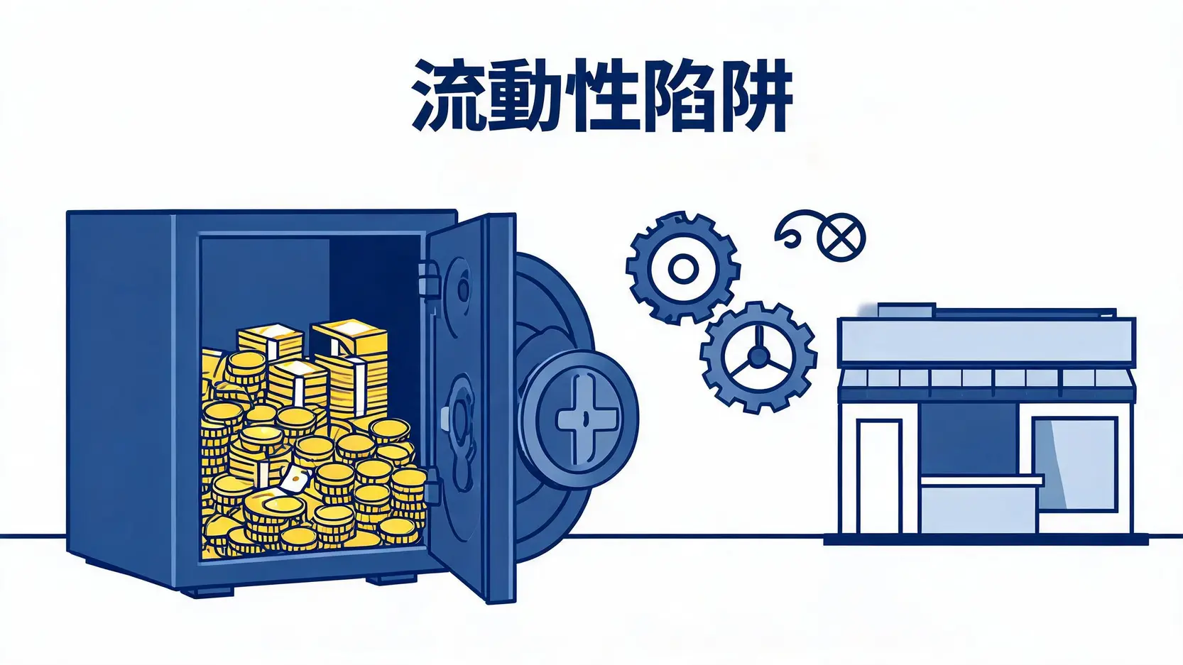通縮真的比較好嗎?惡性通膨與通貨緊縮的極端對決 流動性陷阱概念圖:資金被鎖在保險箱中無法流入實體經濟