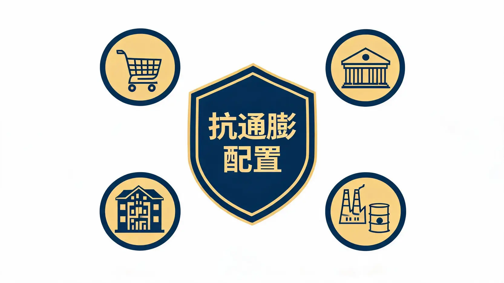 通膨要買什麼股票?2026精選4大抗通膨概念股與巴菲特選股秘訣 四種抗通膨資產配置示意圖:民生必需品、金融股、原物料與房地產REITs