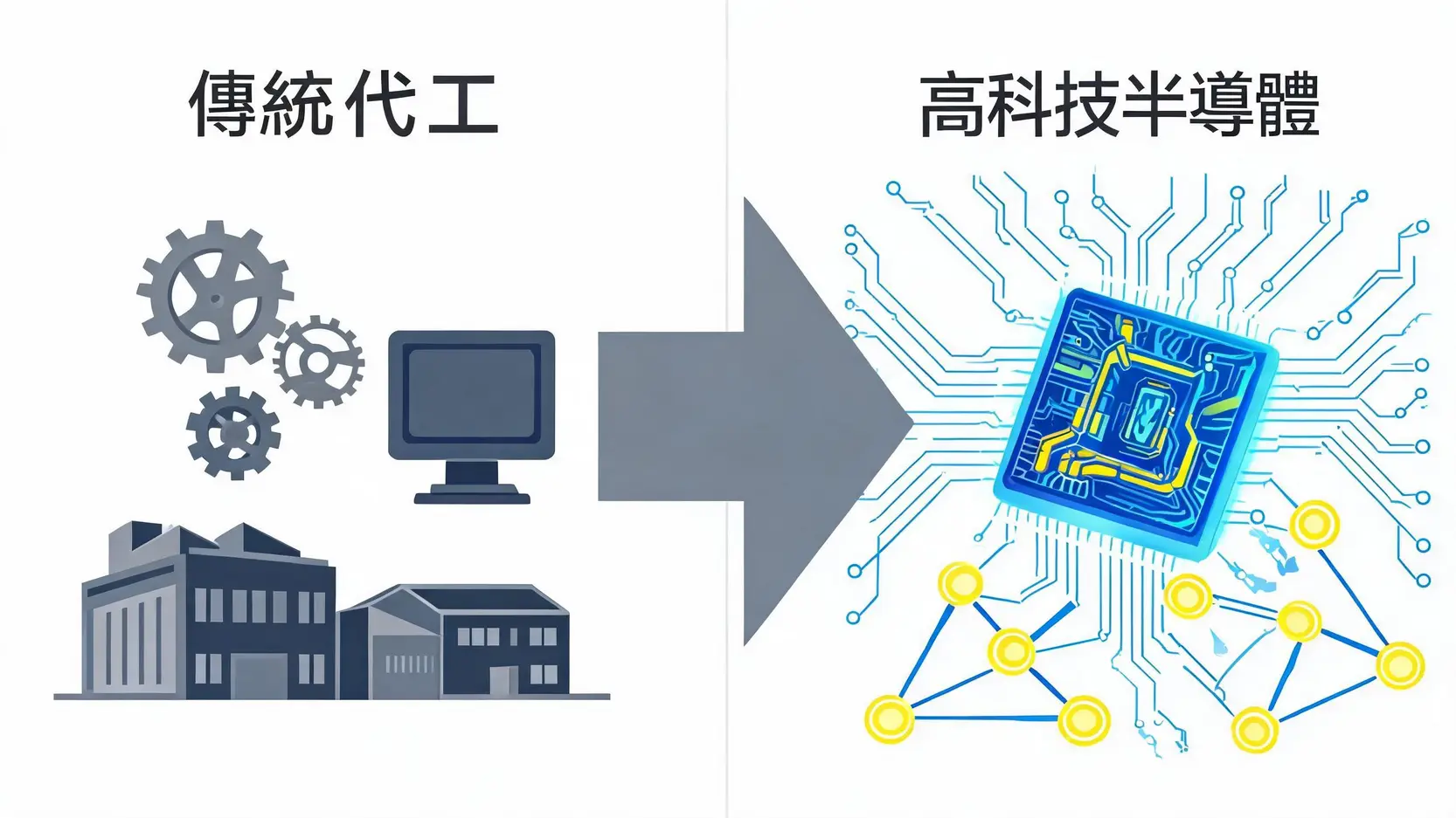 從傳統代工到高科技半導體的產業結構轉型示意圖