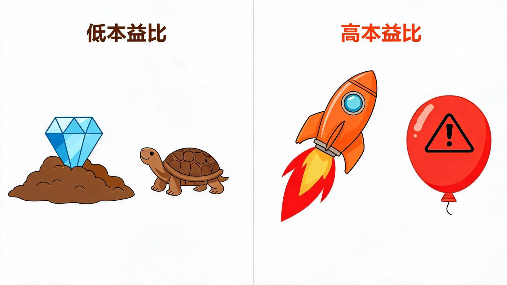 高本益比與低本益比的意義對比圖，低本益比可能意味著價值低估或成長停滯，高本益比可能意味著高成長預期或高風險。