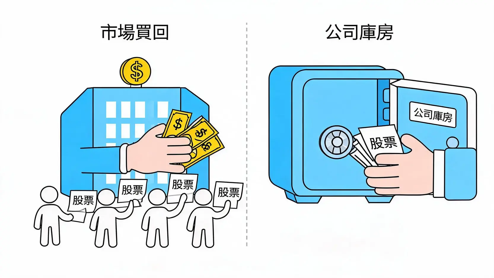 庫藏股是什麼?公司買回自家股票,對股價是好是壞?一文全解析 一張概念圖解釋庫藏股:公司用現金從市場上買回自家股票,並存入庫房。