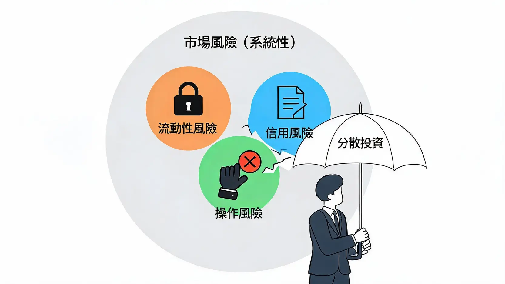 股票交易風險完全手冊:散戶必學的7種風險與5大管理策略 一張圖表演示系統性風險與非系統性風險的區別,以及分散投資的作用。